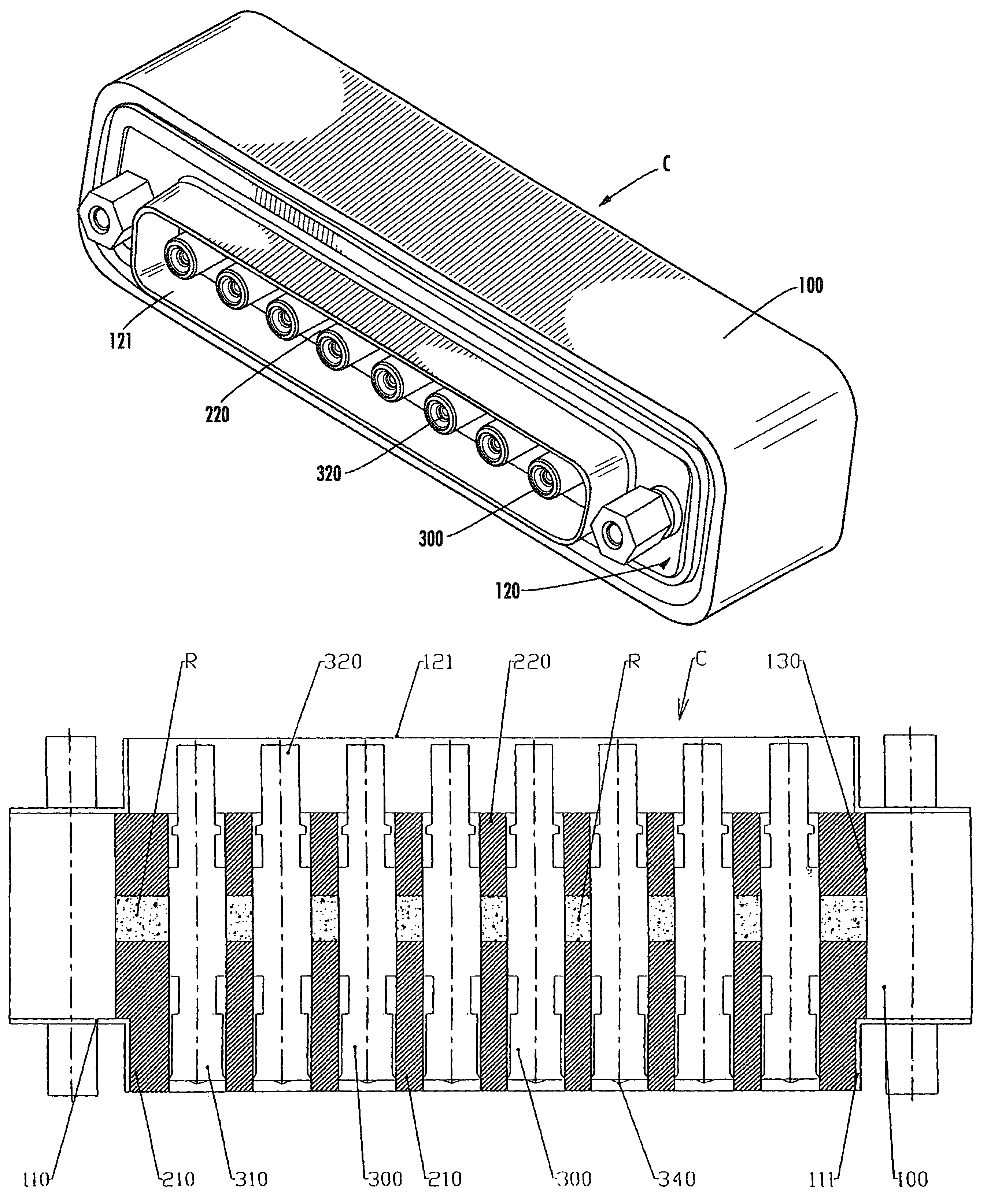 Method for sealing partition bushing connector coaxial contacts, adapted coaxial contact and resulting connector