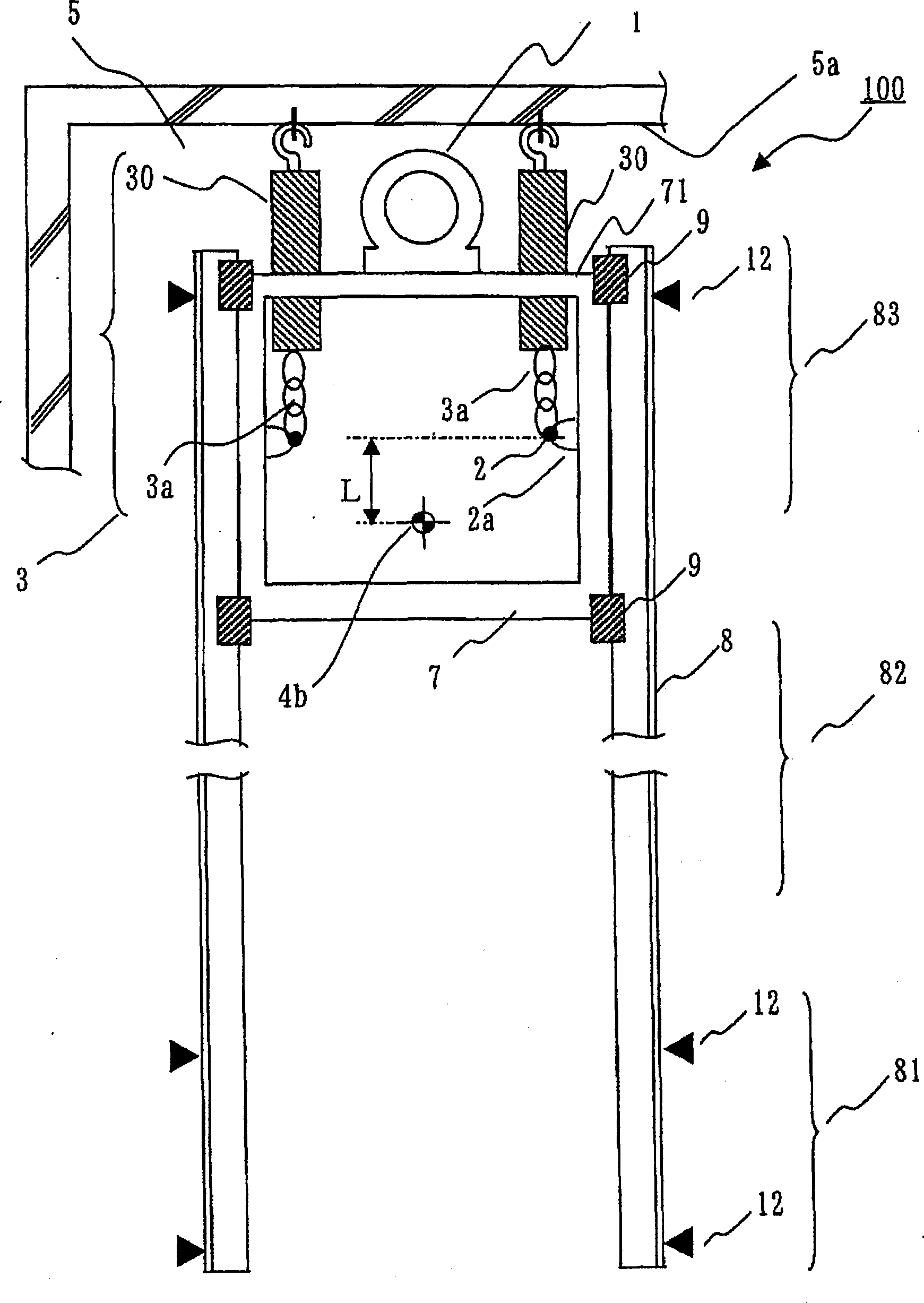 Lifting device for elevator, elevator car frame, and lifting method for elevator