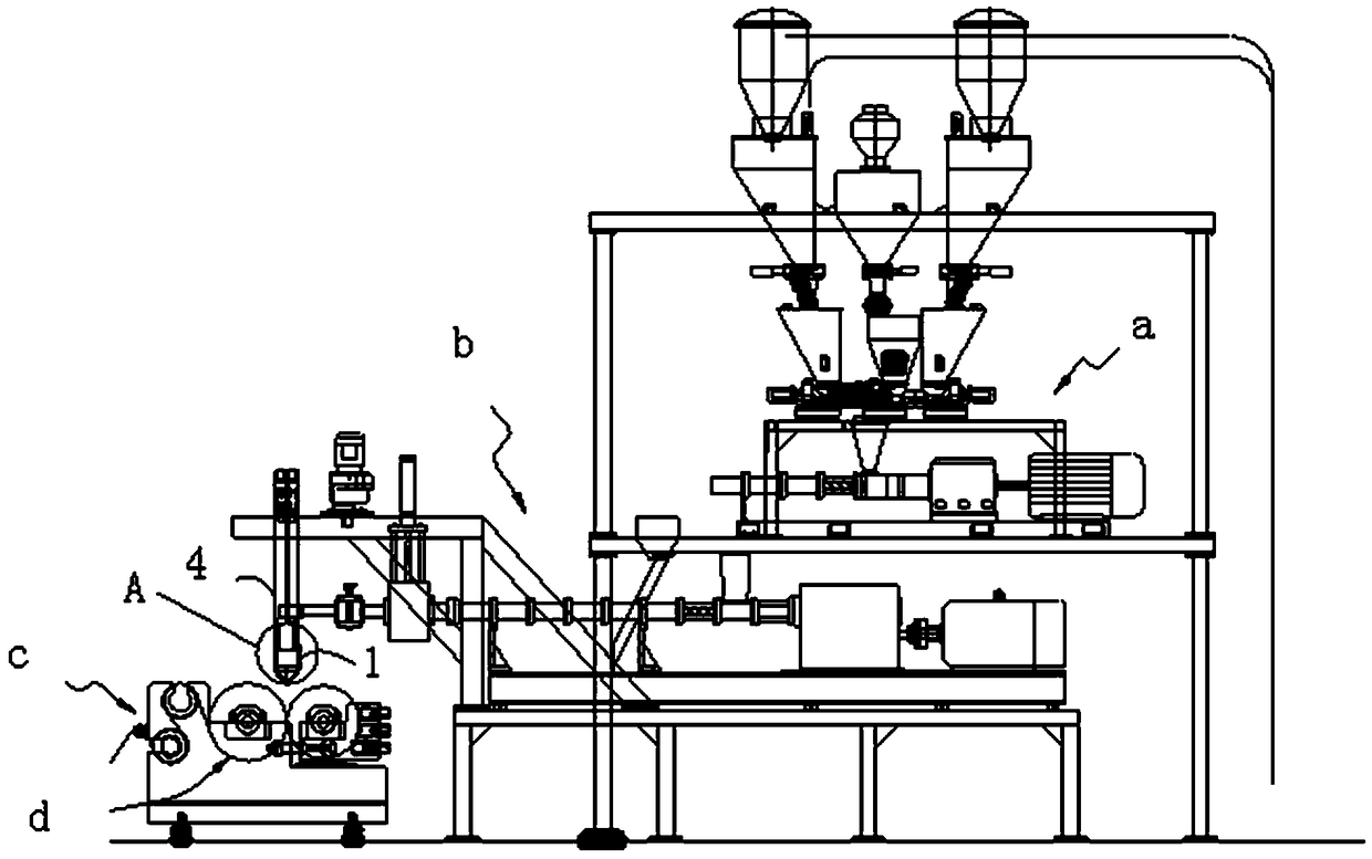 One-time-molding synthetic film production line and connection structure thereof