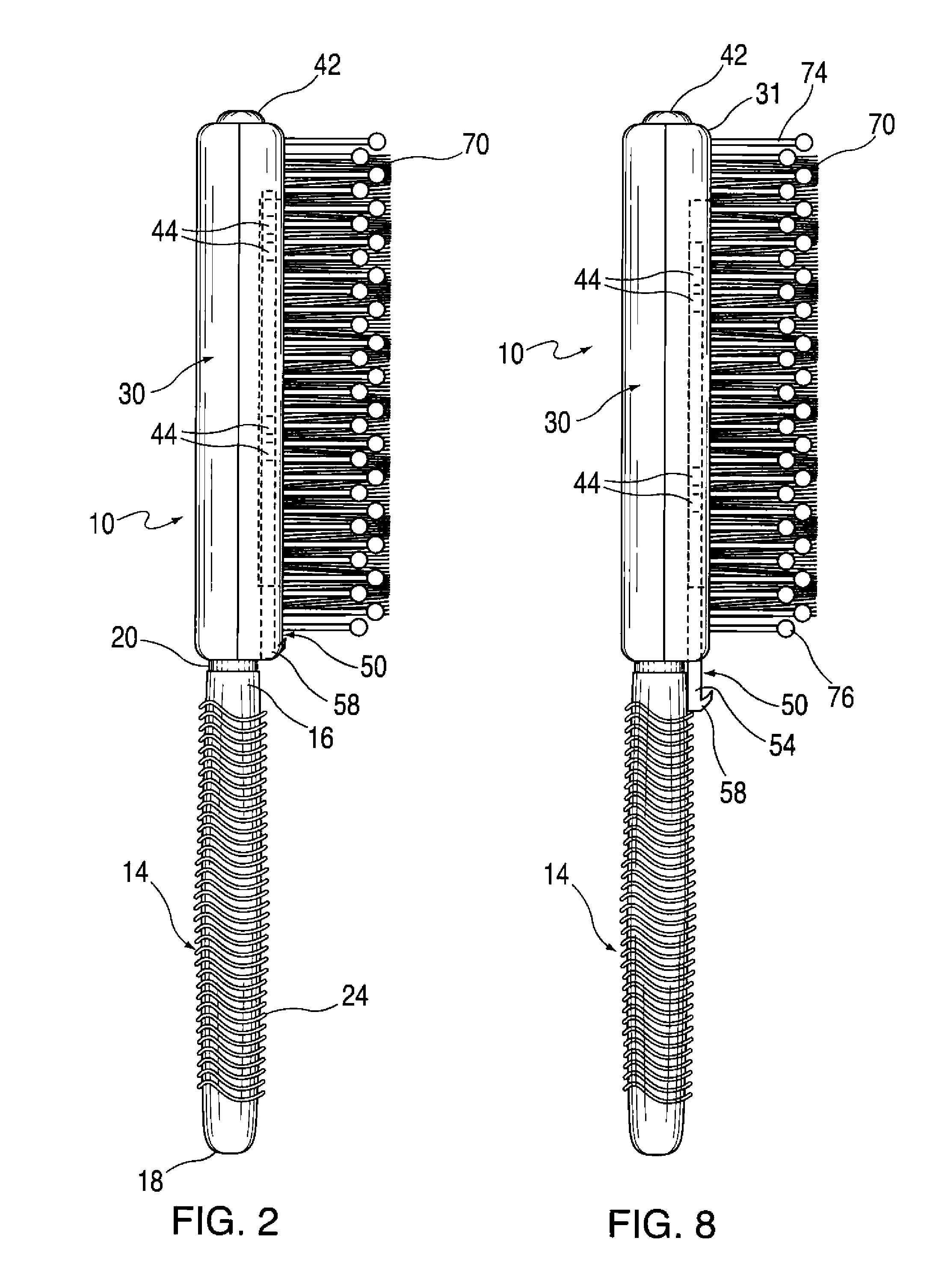 Particulate material dispensing hairbrush with combination bristles