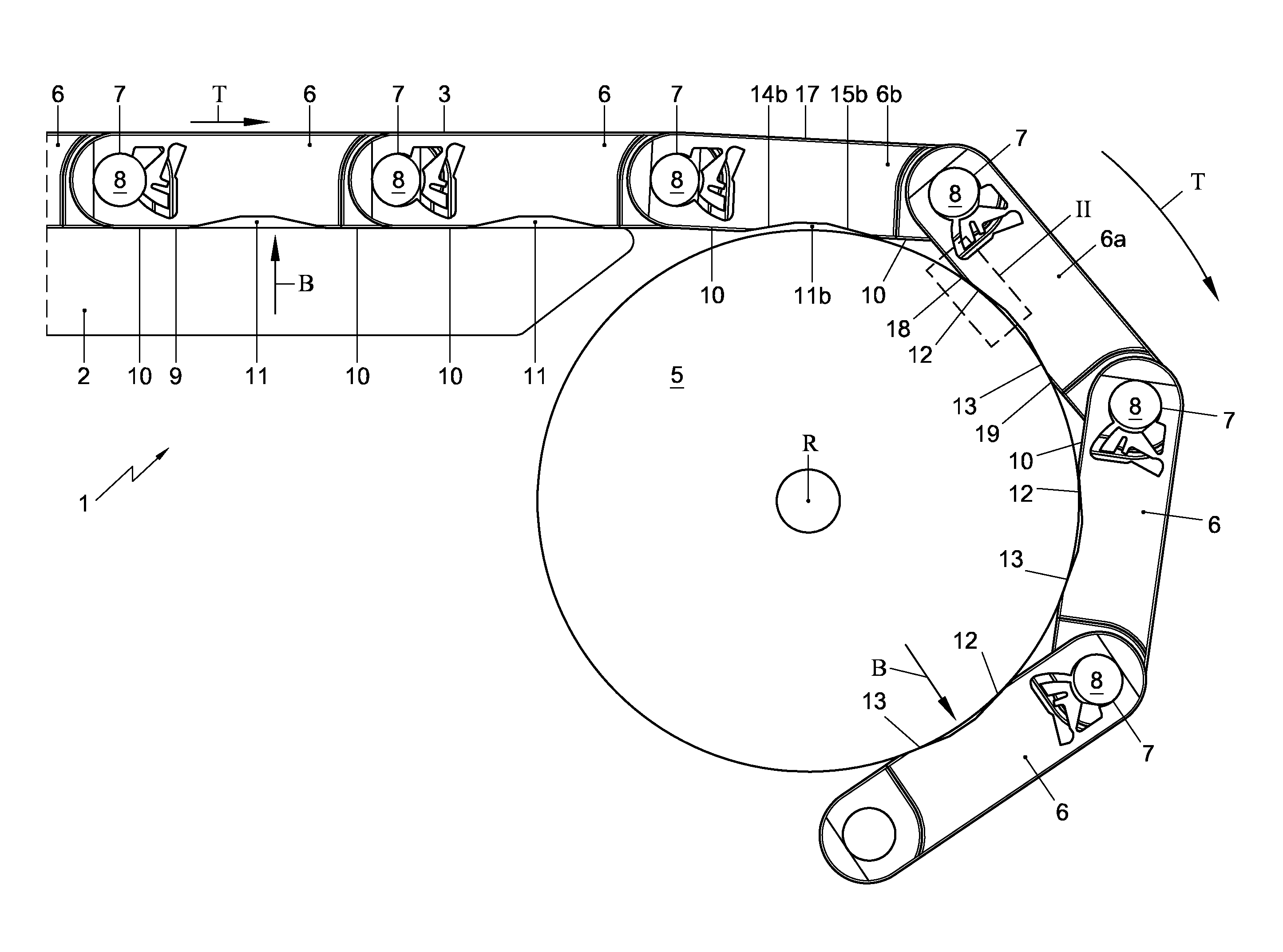 Conveying system, and use of a chamber extending inwardly with respect to a plastic module in a conveying system
