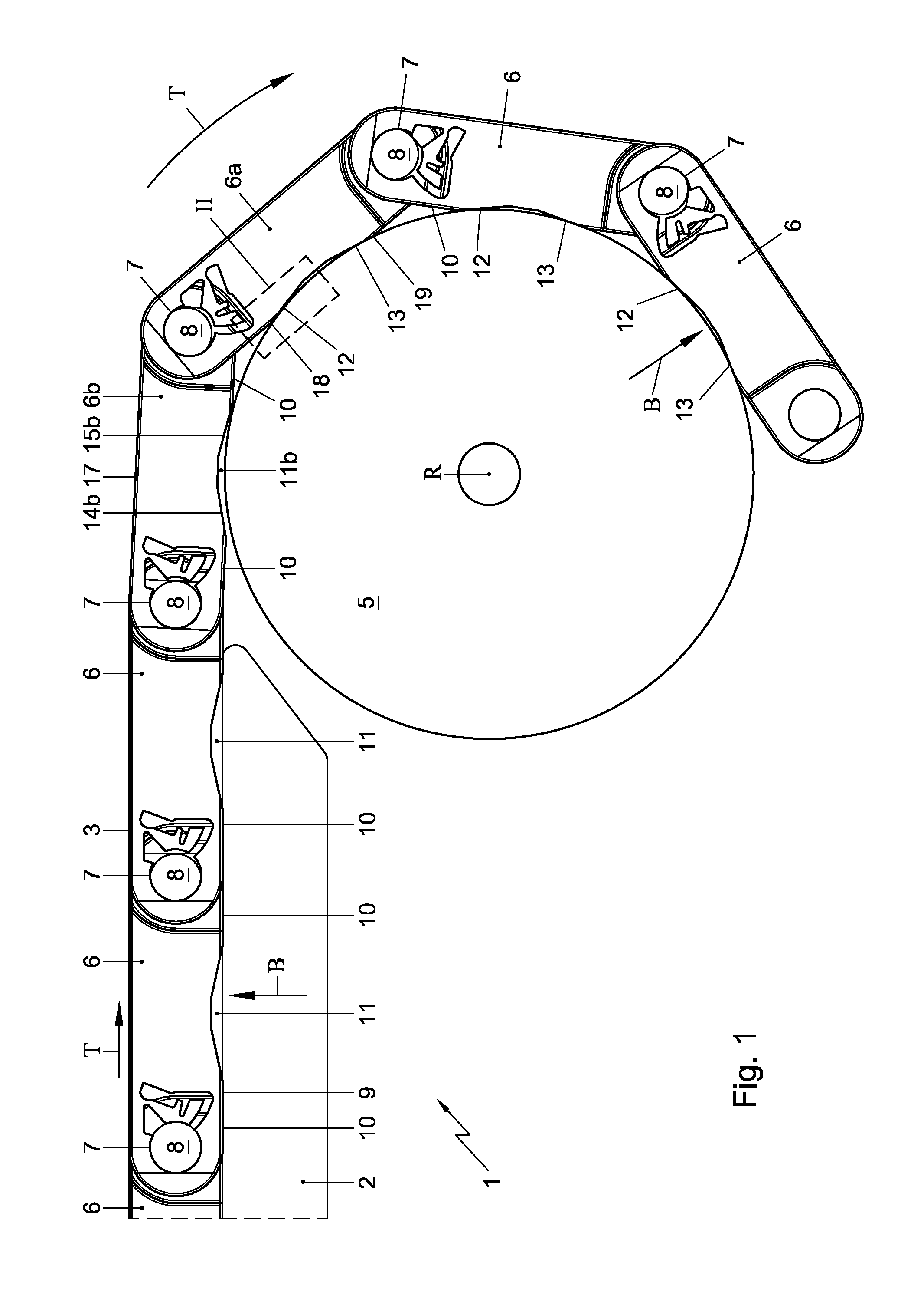 Conveying system, and use of a chamber extending inwardly with respect to a plastic module in a conveying system