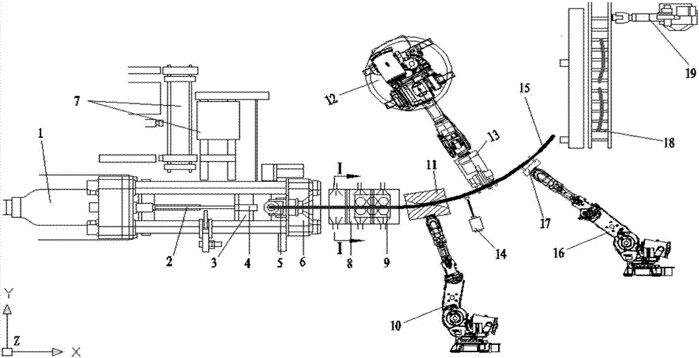 Three-dimensional variable-curvature sectional material online bending and forming device pulled by robot initiatively