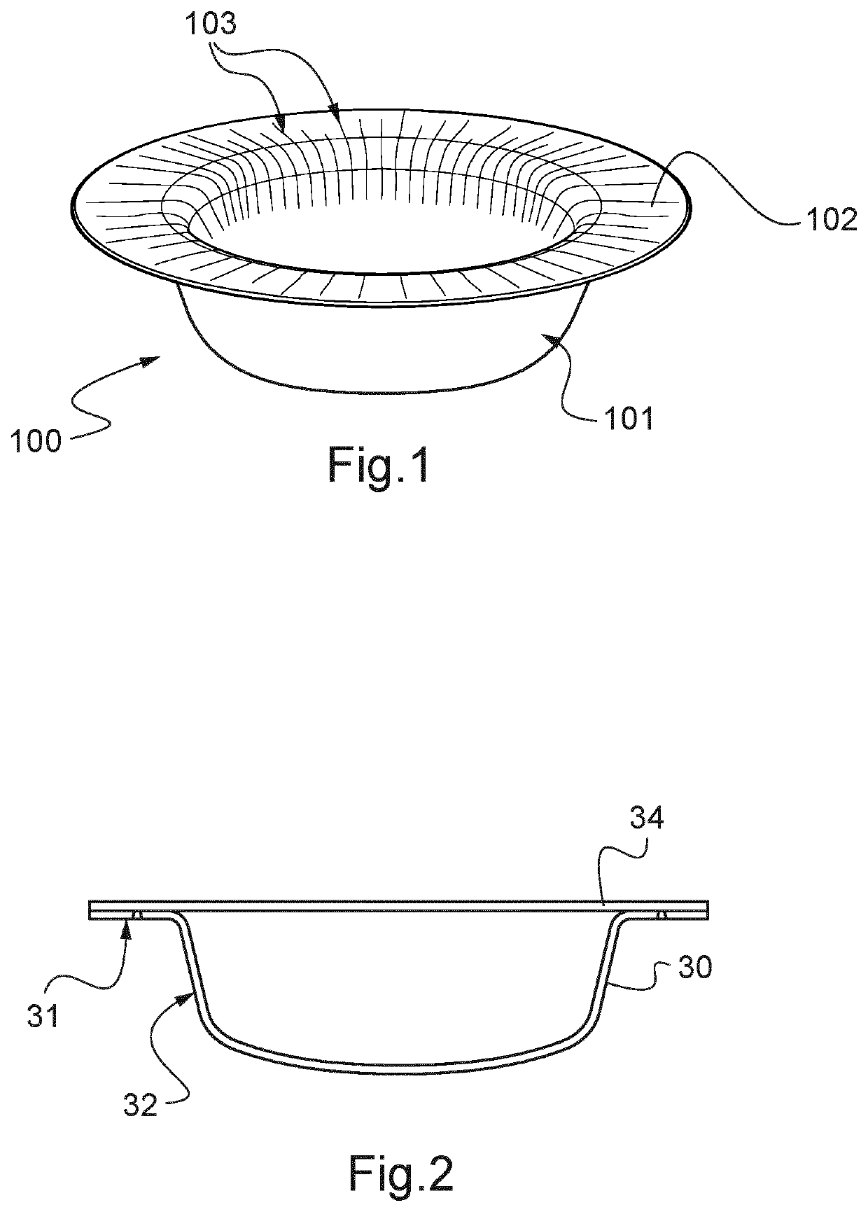Manufacturing process for producing hermetic single-use food containers using a sealing head having a specific profile with a rib