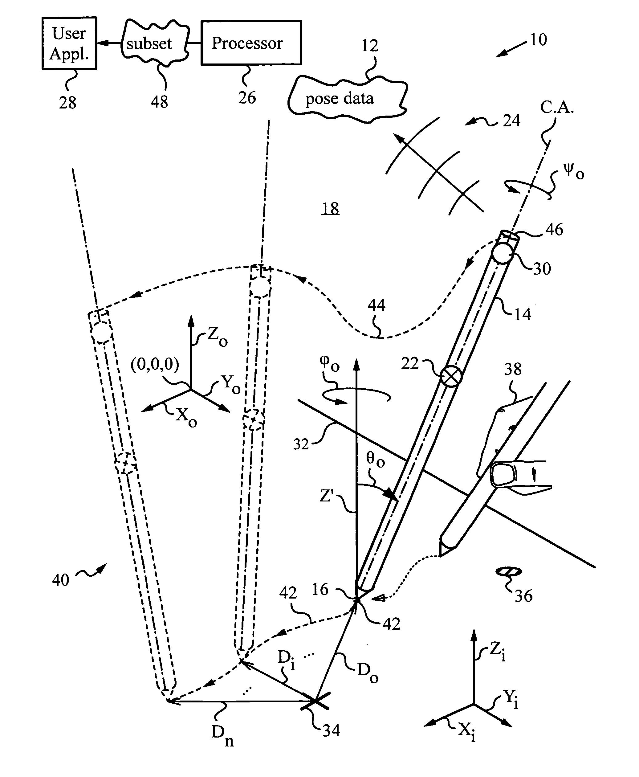 Apparatus and method for determining an absolute pose of a manipulated object in a real three-dimensional environment with invariant features