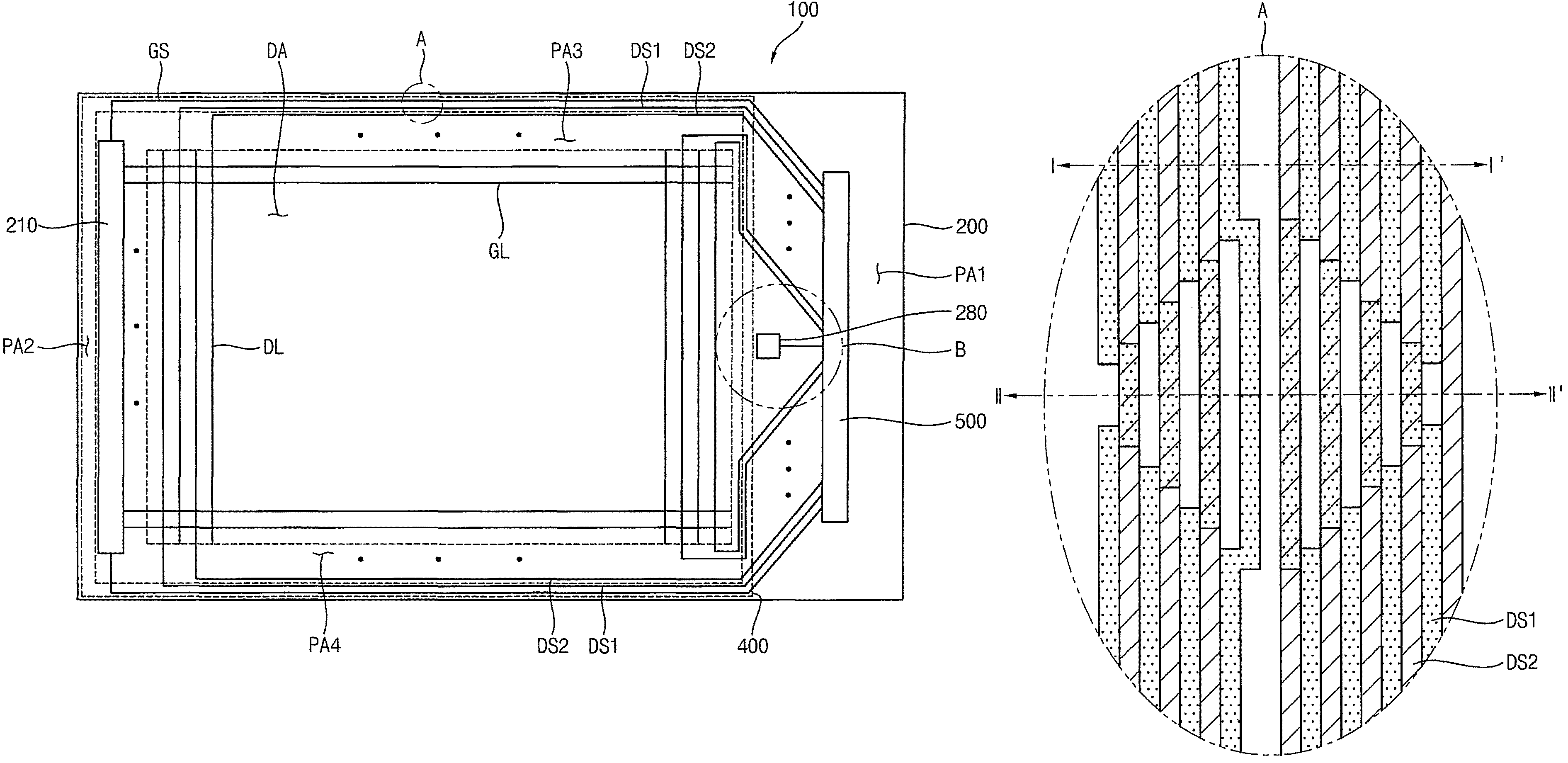 Display apparatus including first and second signal lines connected to data lines on respectively opposite sides of a gate insulating layer within the seal line of the peripheral area and arranged for curing the seal line