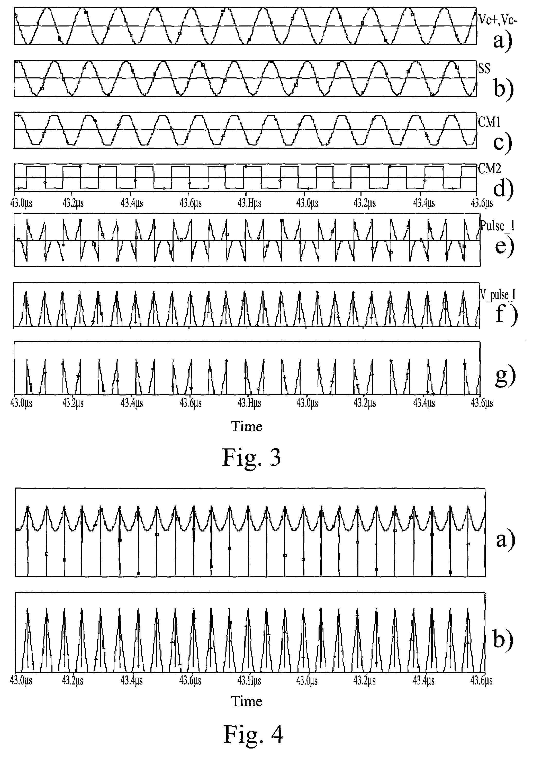 Differential oscillator device with pulsed power supply, and related driving method