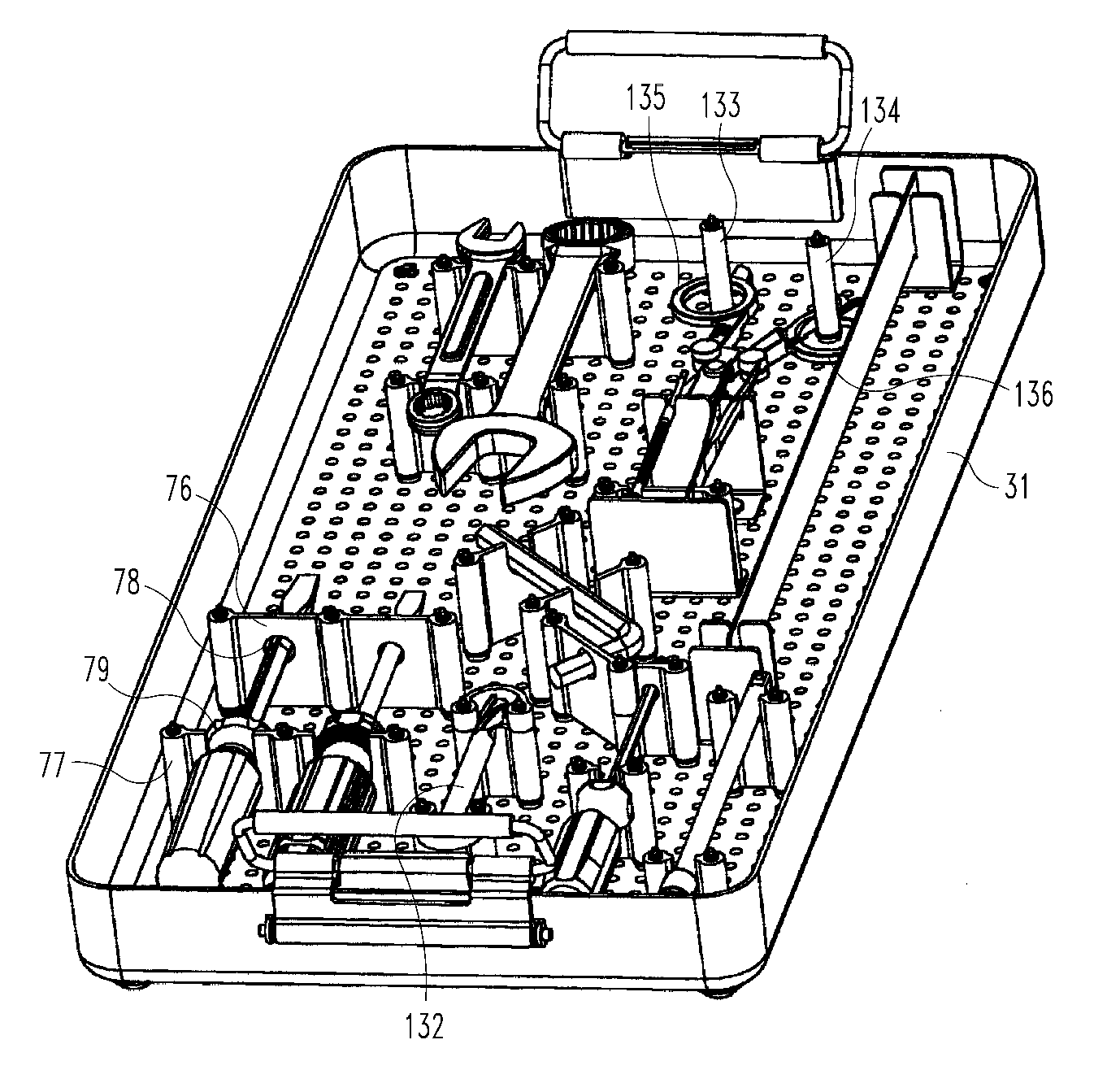 Modular container for medical instruments and implants with extruded flexible bracket and rigid holders
