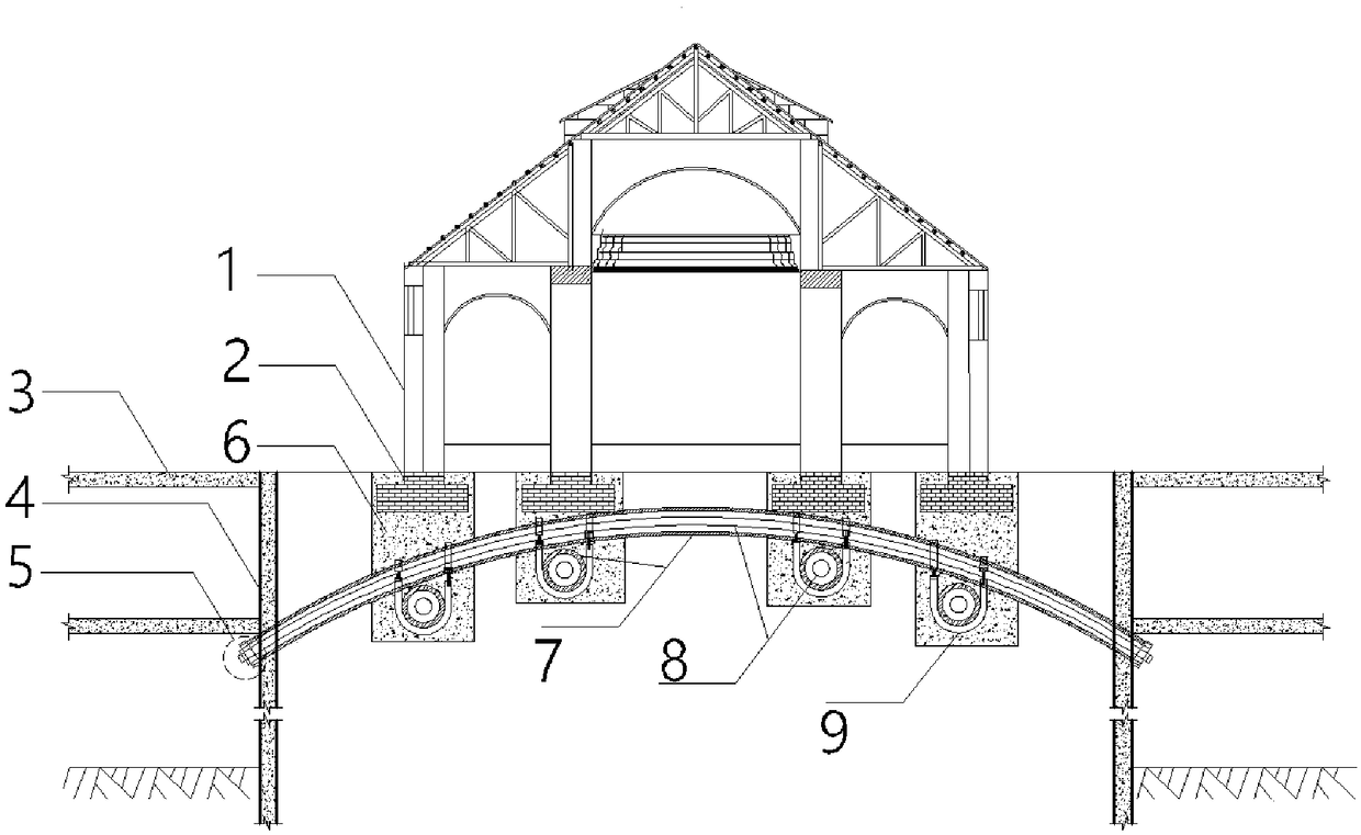 Existing shallow foundation building protection device under multi-sided enclosing excavation condition and construction method