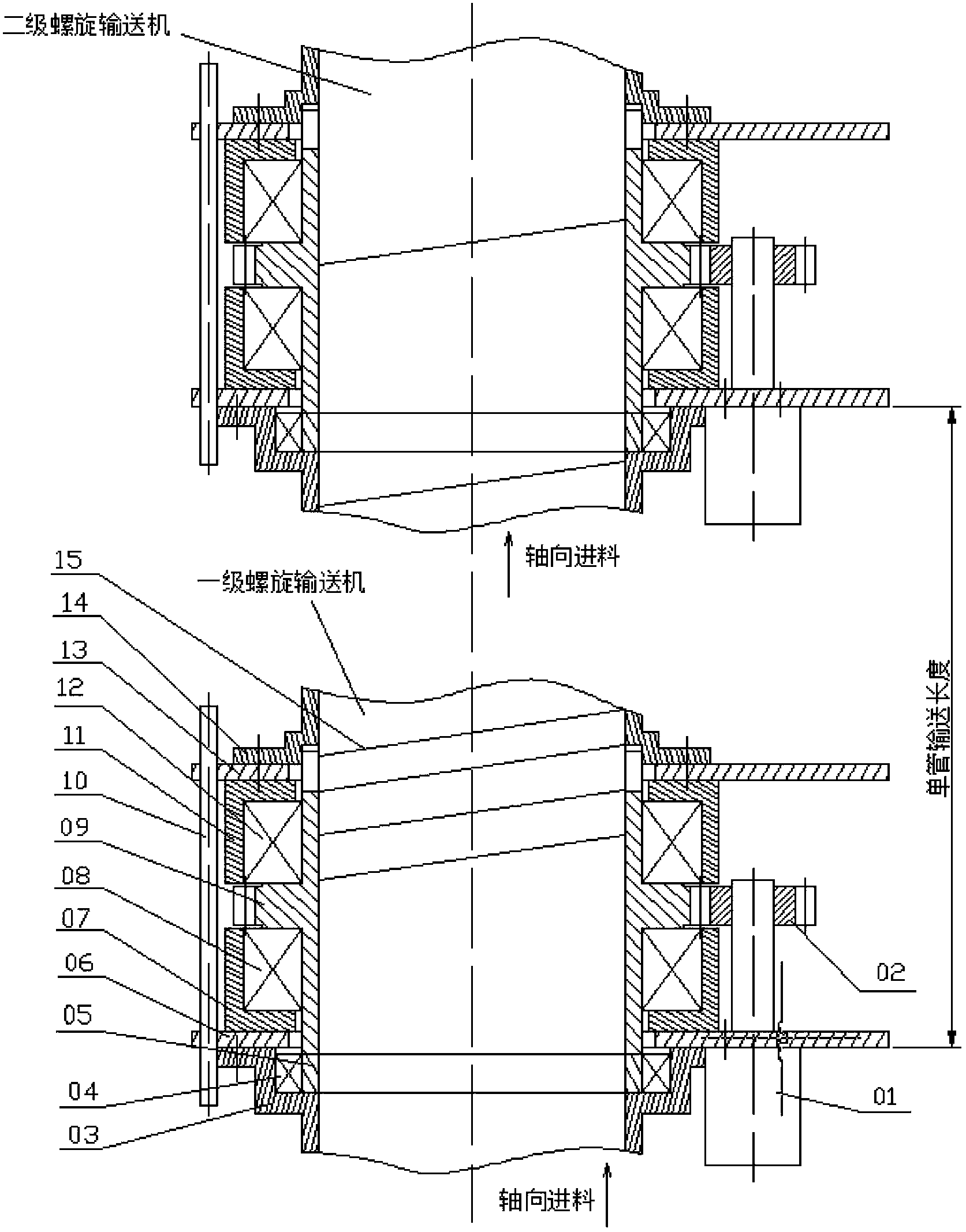 Axial feeding type spiral conveying device and method
