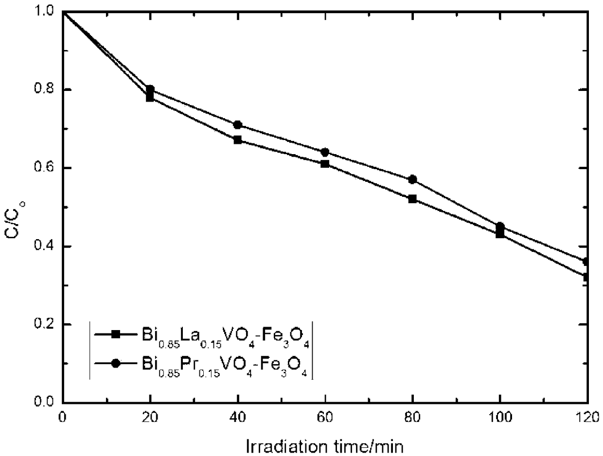 Zeolite loaded Bil-xRxVO4-Fe3O4 magnetic nano photocatalyst and preparation method thereof