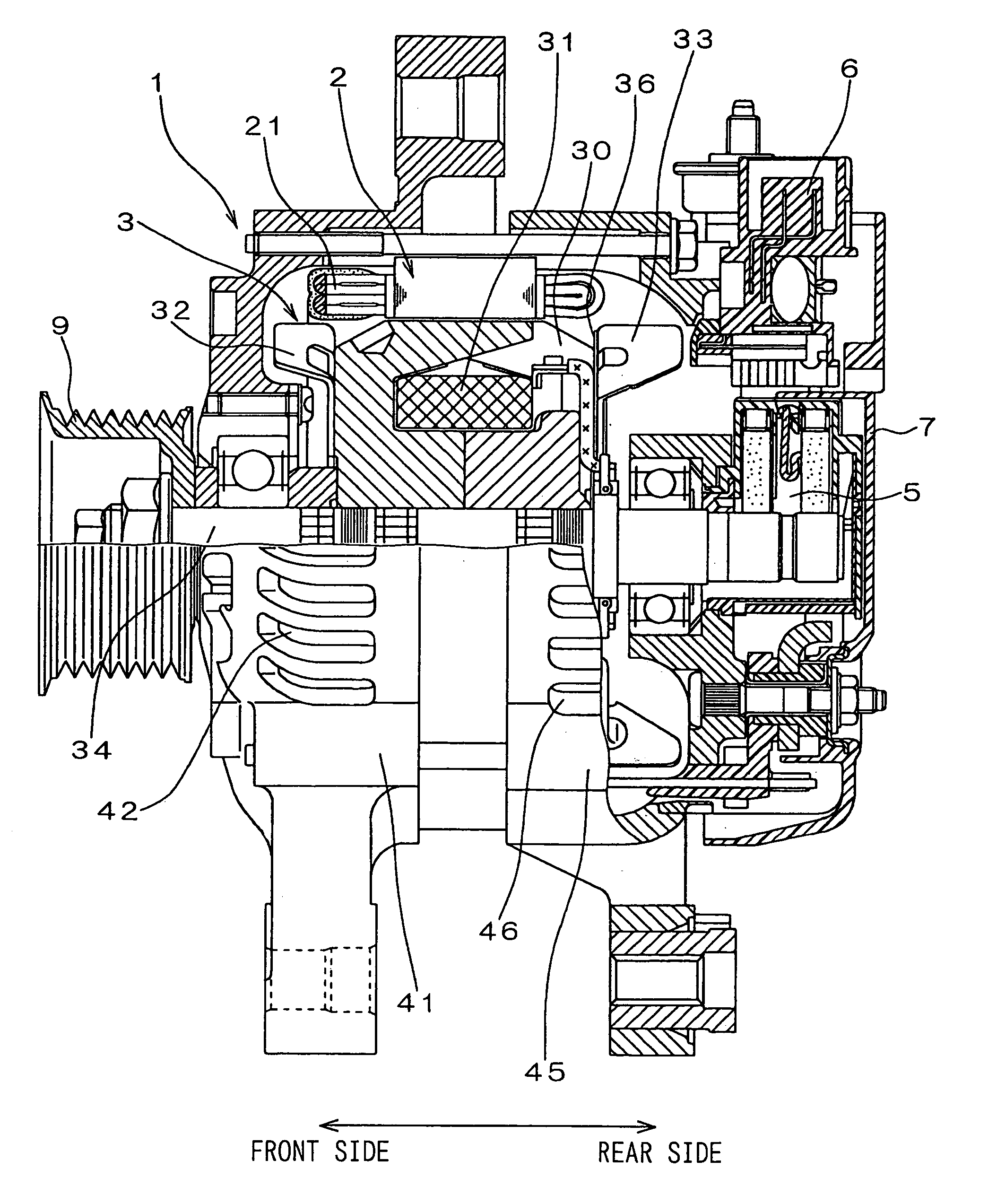 Automotive alternator having cooling fan coupled to rotor shaft