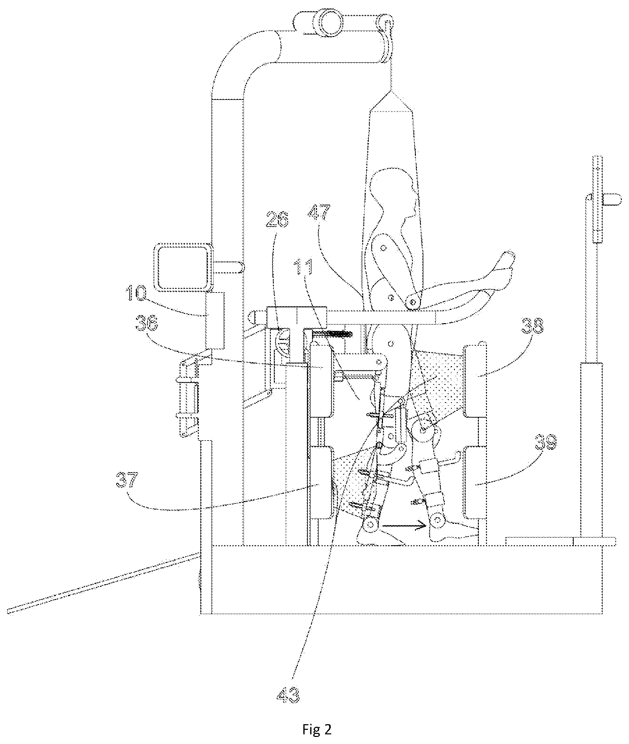 Infrared ray equipment for robotic rehabilitation on a treadmill, having flexible pelvic attachment