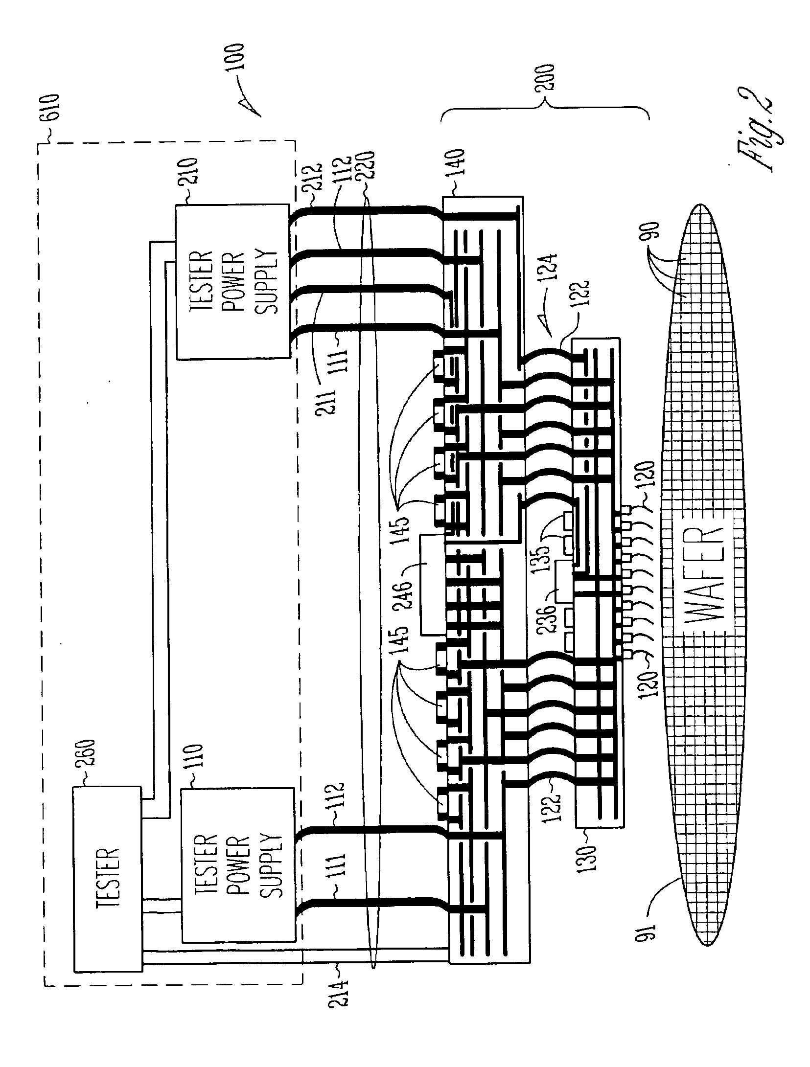 Embedded voltage regulator and active transient control device in probe head for improved power delivery and method