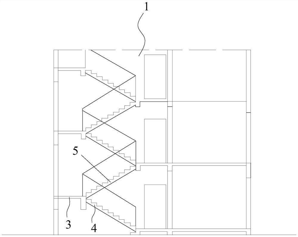 Additionally-mounted elevator quarter-floor home-entry stair reconstruction structure and construction method
