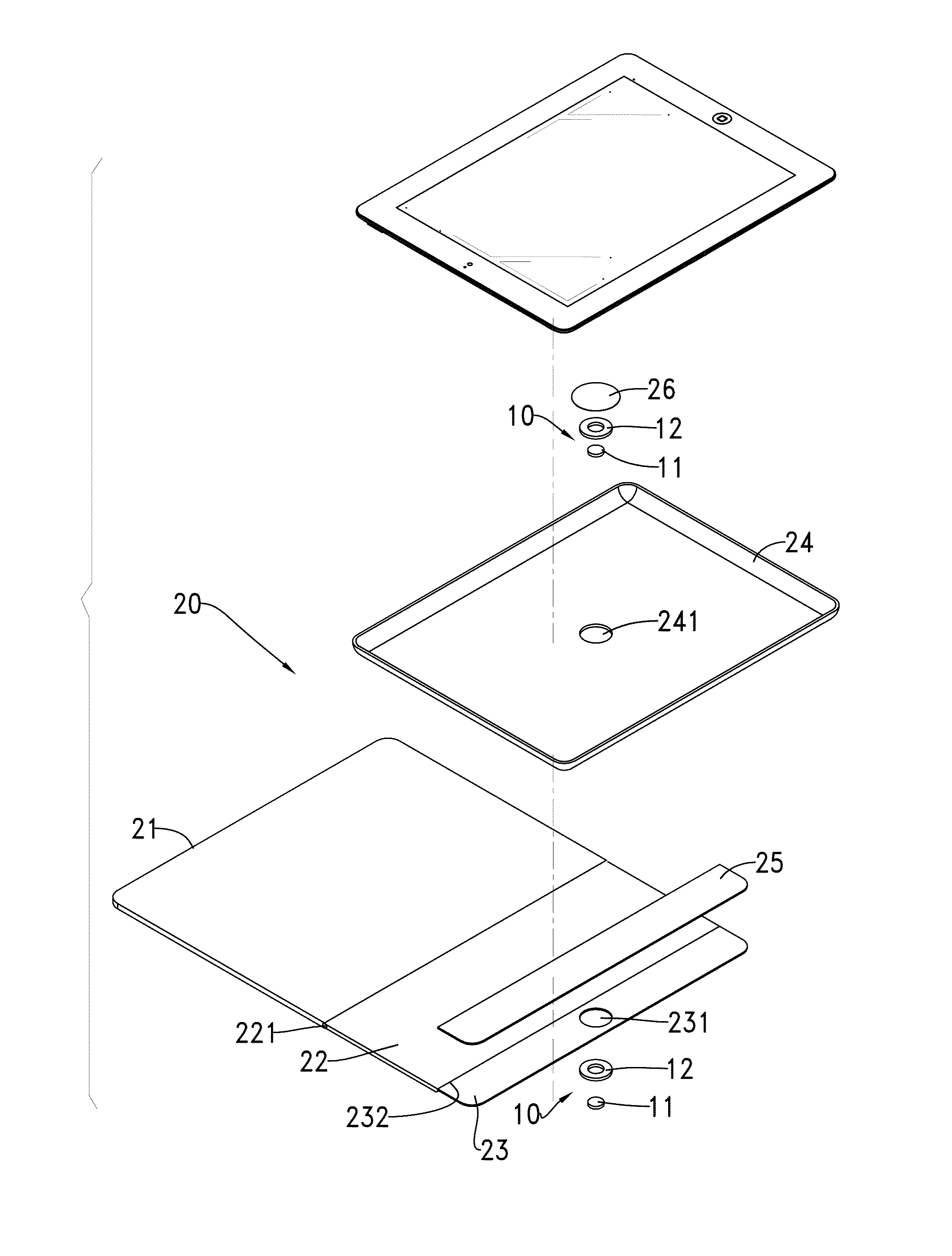 Magnetic attraction-fixing assembly, two-piece apparatus, and rotating support structure for a portable device having the magnetic attraction-fixing assembly