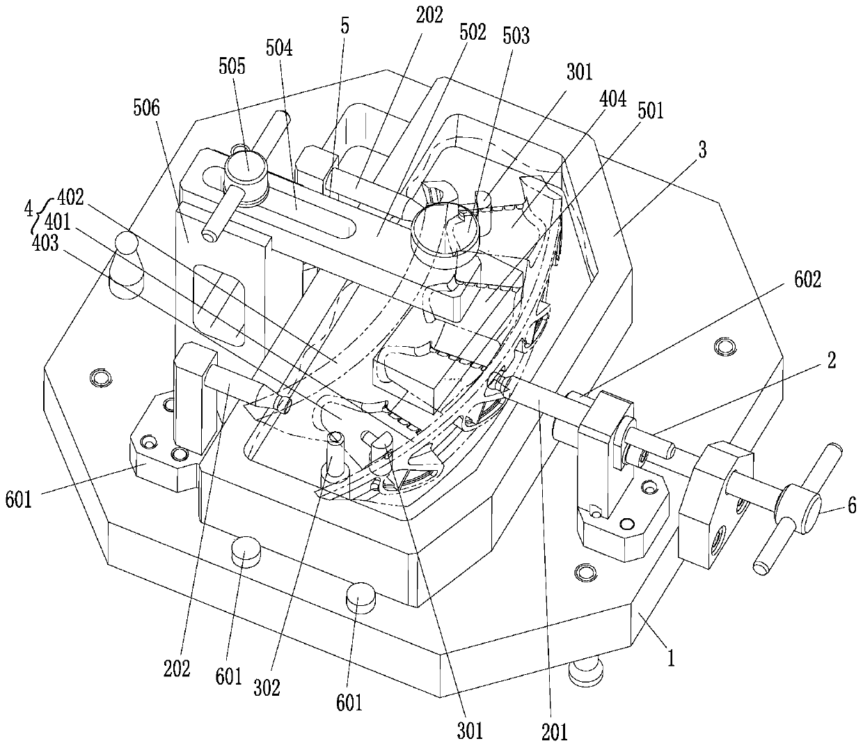 Four-way guide vane casting fixture and processing method