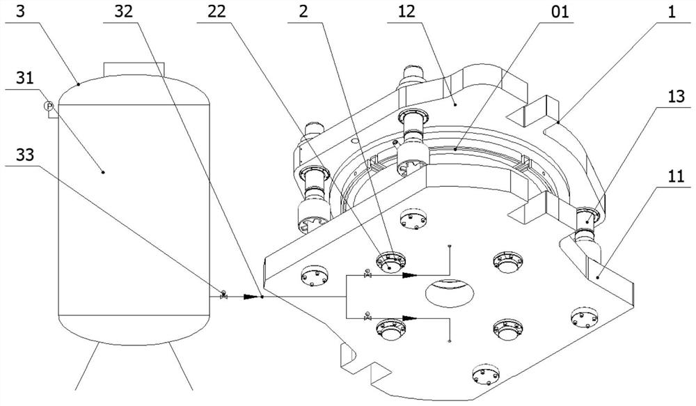 Pressurizing device for tire vulcanizing machine