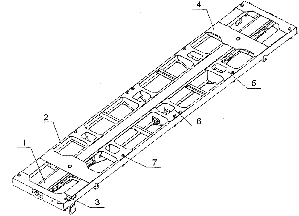 Load increasing container flat wagon body applicable to running on Thailand meter-gage railway