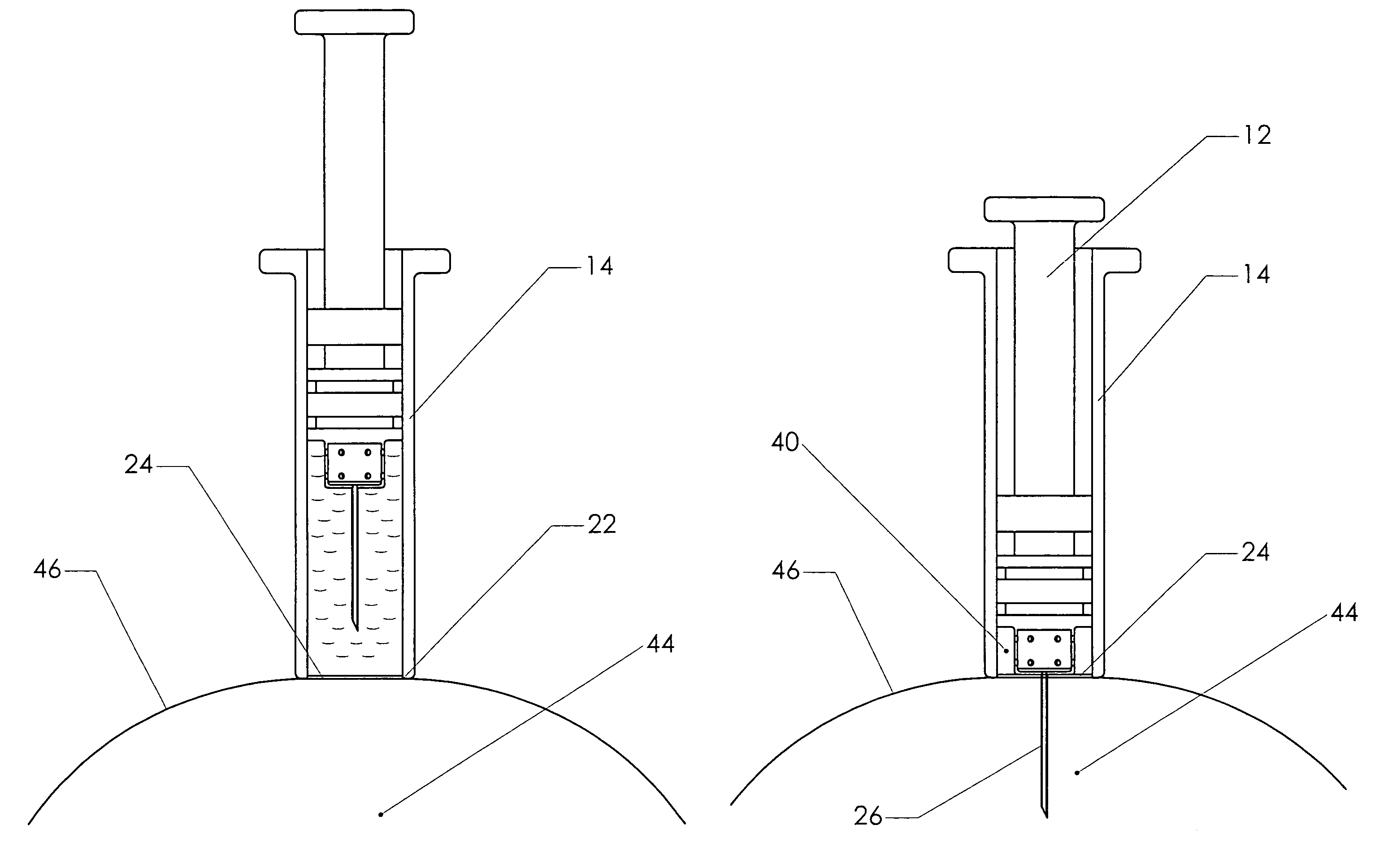 Safety drug-injecting device with traveling hypodermic or intramuscular needle