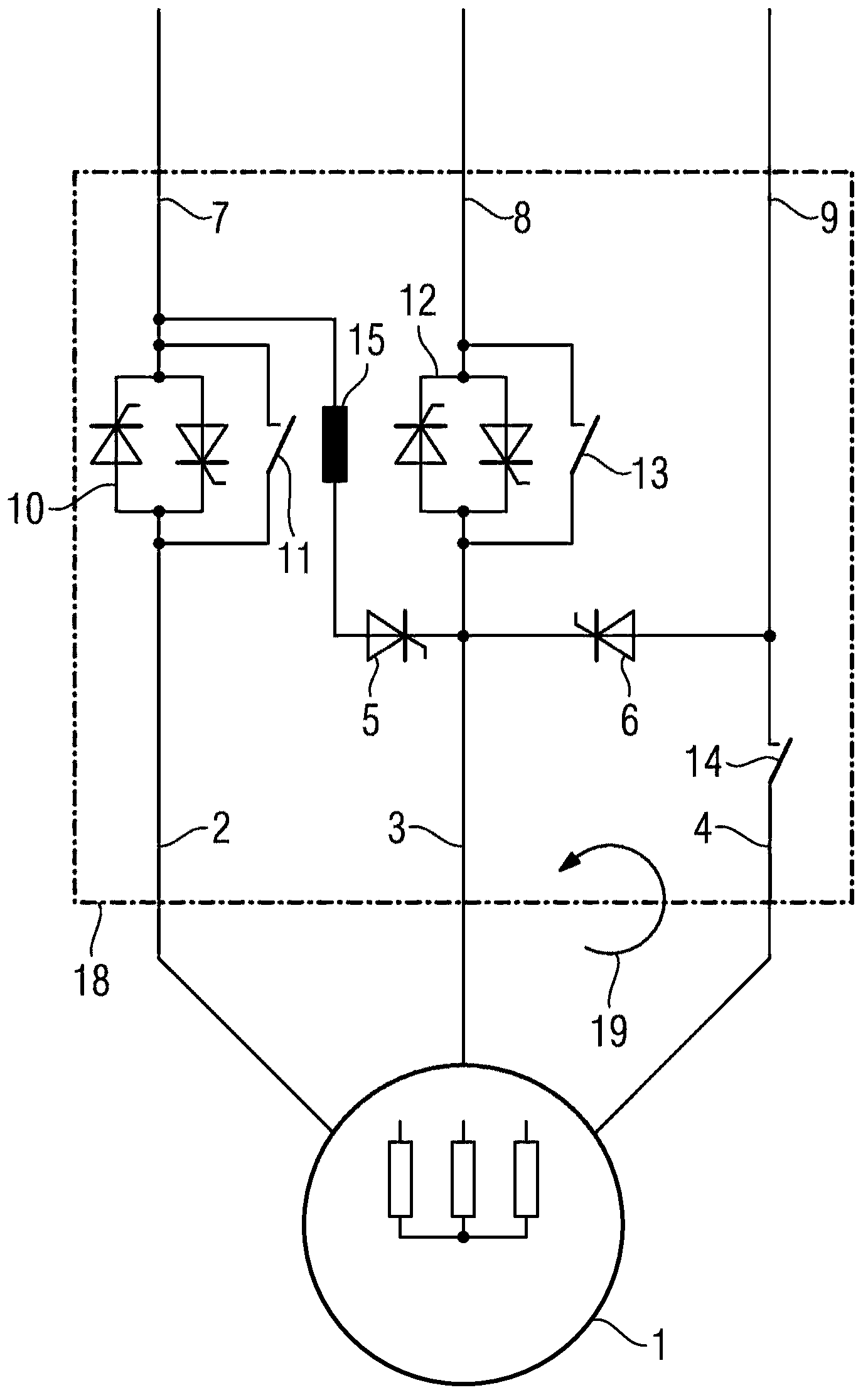 Switching device and method for terminating a braking process of a three-phase ac motor