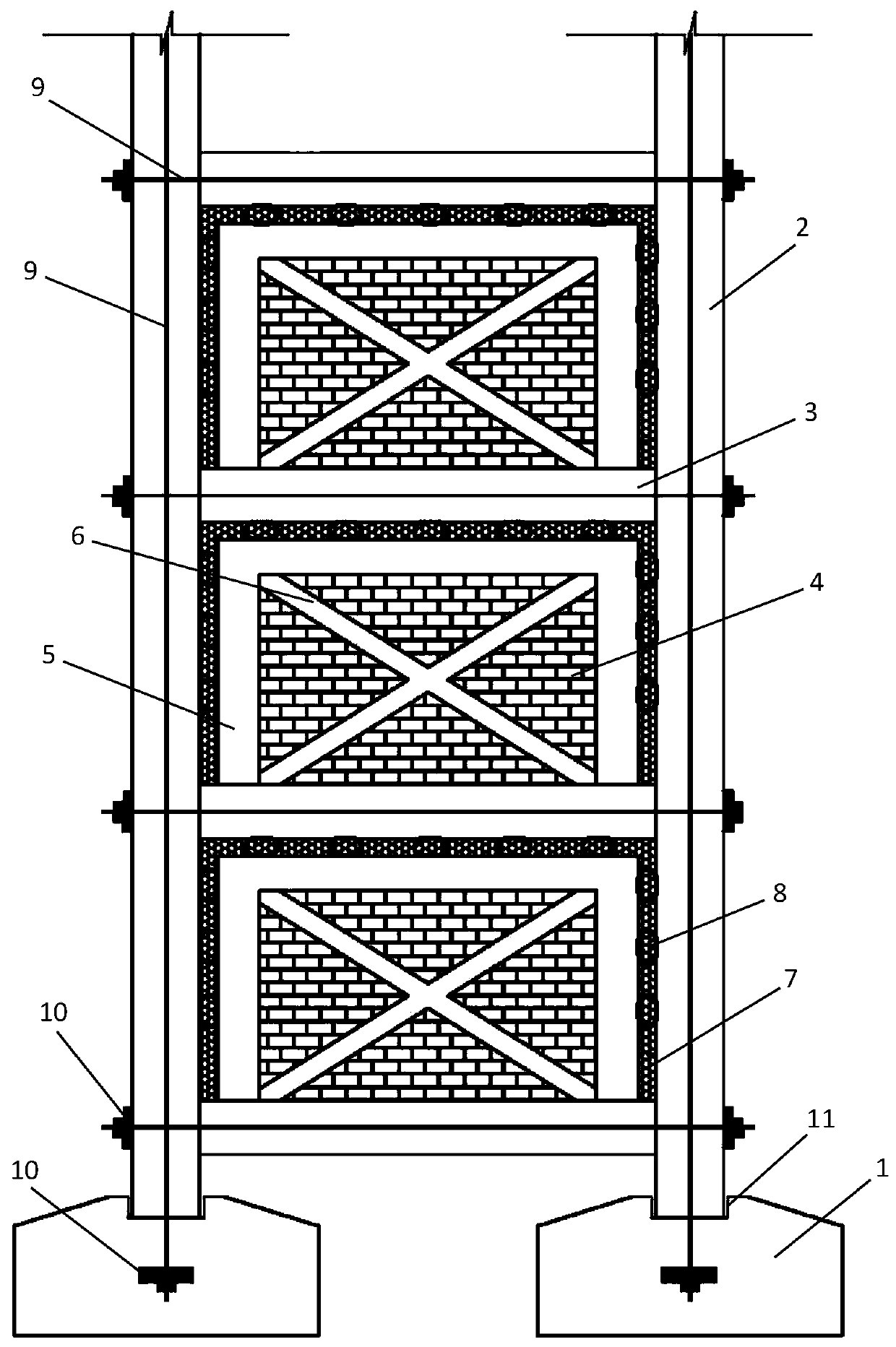 Self-reset frame-energy dissipating connecting filling wall structure