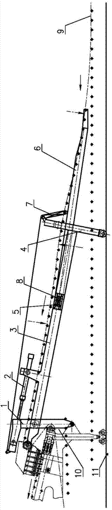 Two-stage lifting two-tail vehicle with two swinging ends for material piling and taking machine