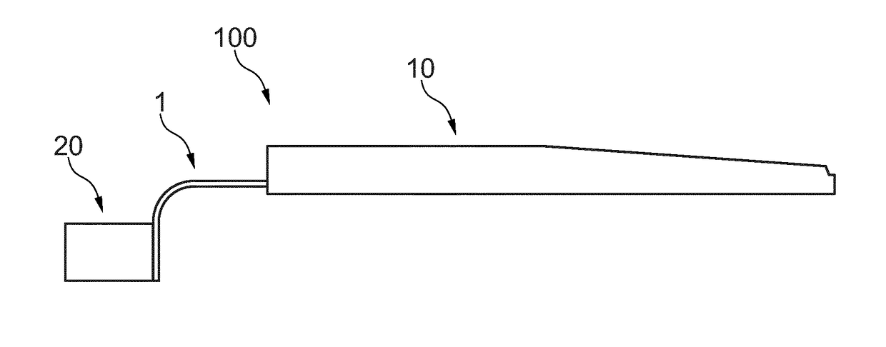 Connecting element for connecting a blade to the hub in an industrial axial fan, and blade system comprising said connecting element