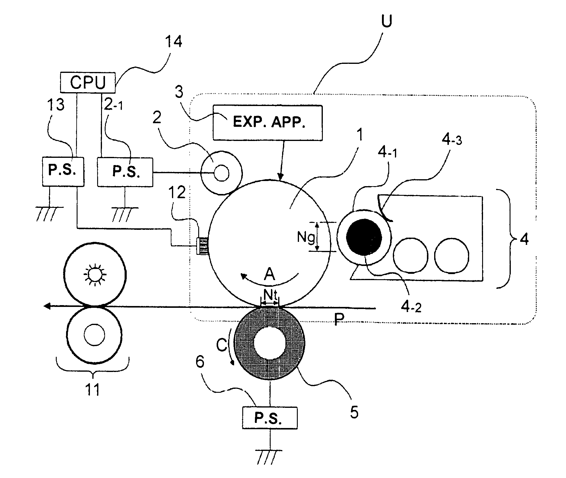 Image forming apparatus with two cleaning electric fields for transferring developer from a developer charging device onto an image bearing member