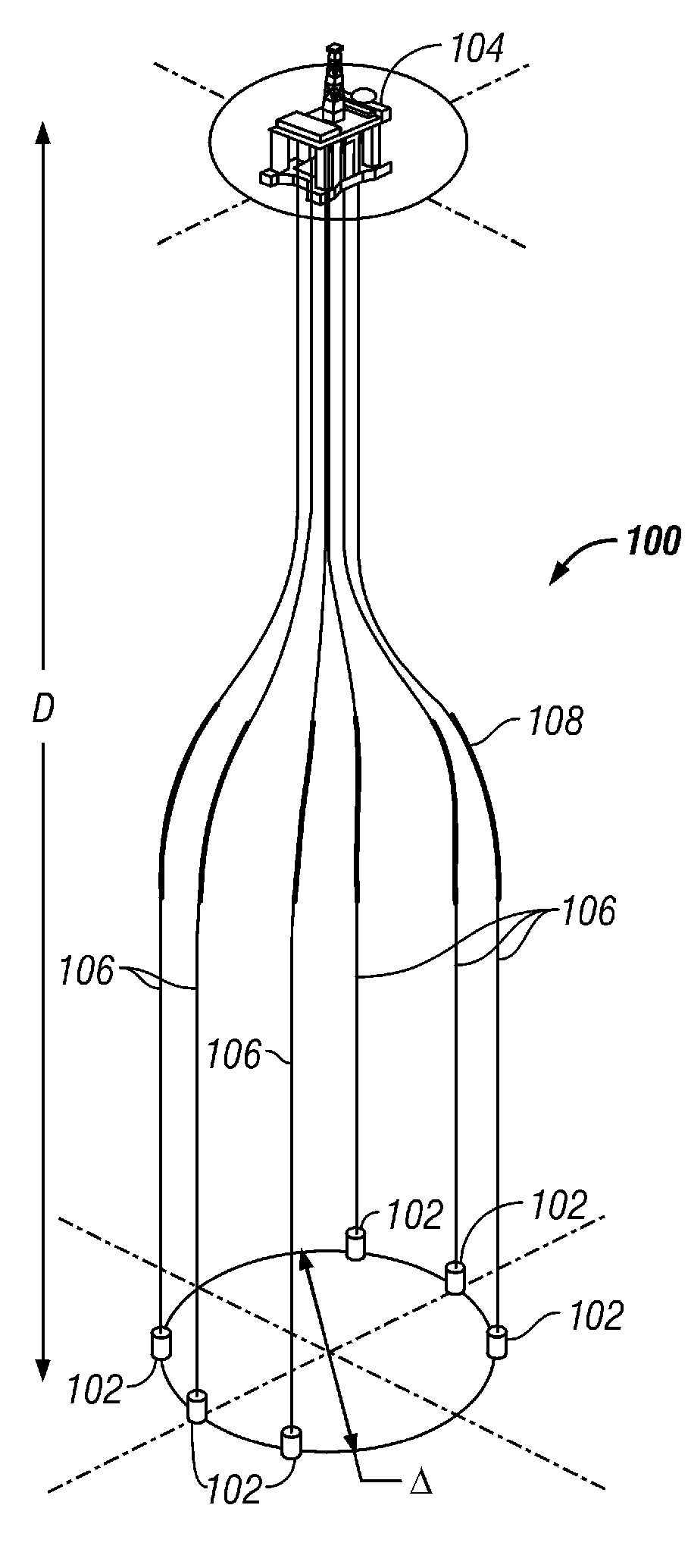 Subsea well communications apparatus and method using variable tension large offset risers