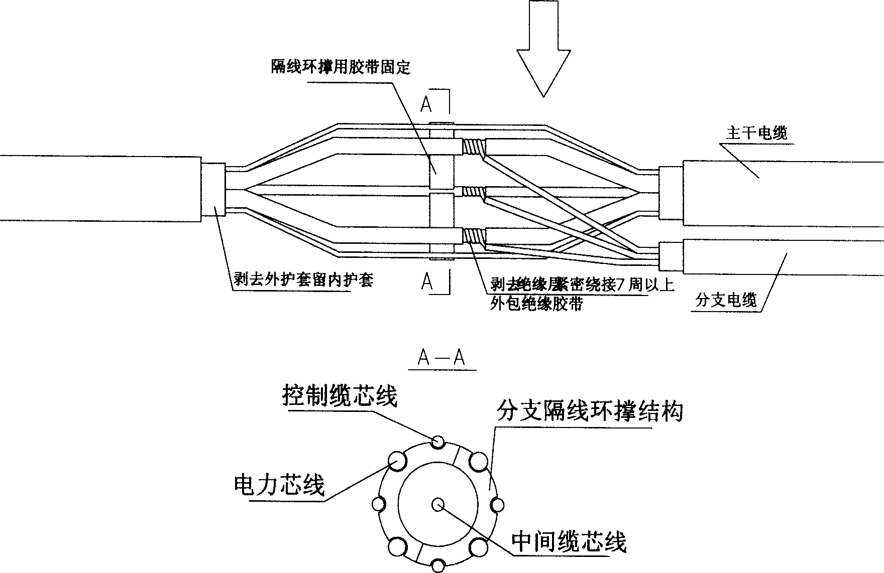 Method for branching cable joint and structure of ring support for spacing wire