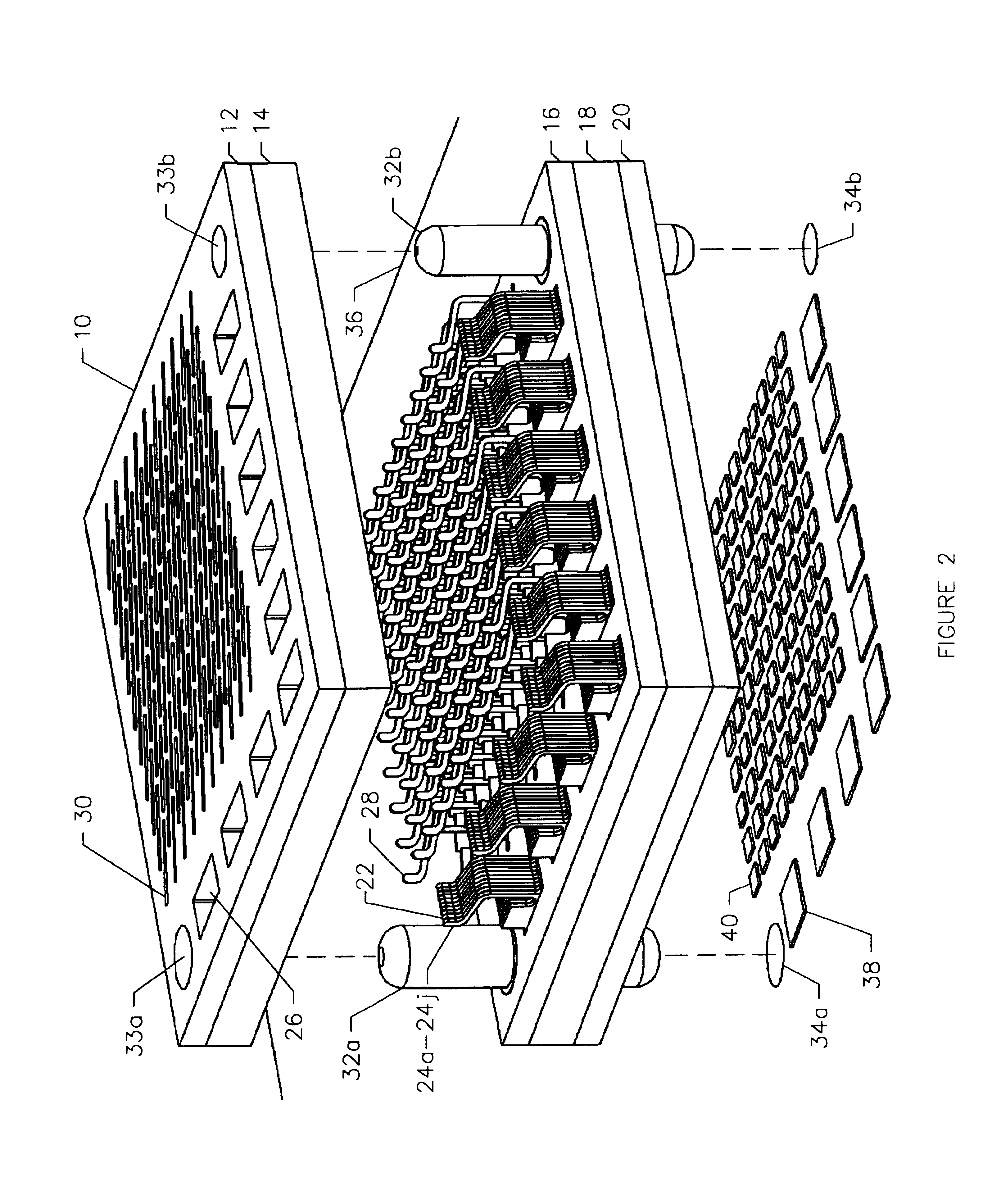Area array connector having stacked contacts for improved current carrying capacity
