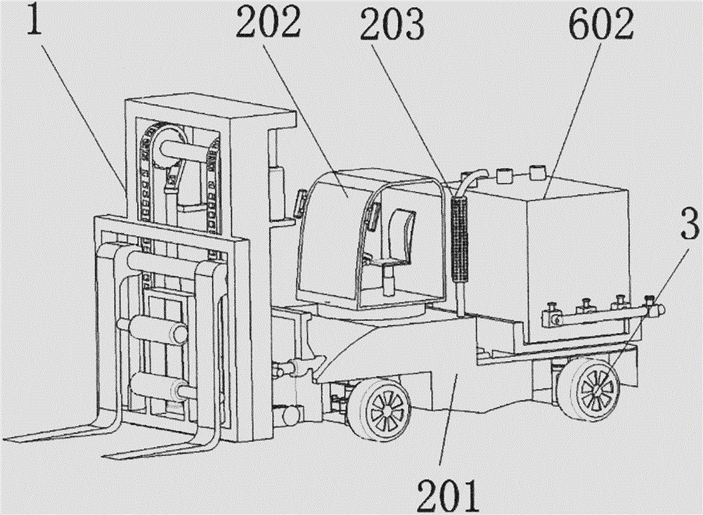 A hydraulic universal four-wheel drive forklift