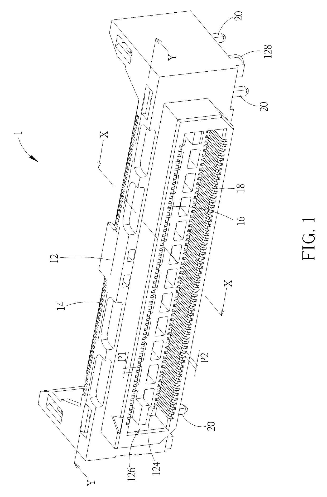 Electrical connector with internal terminals having opposite sides located from connector internal sidewalls