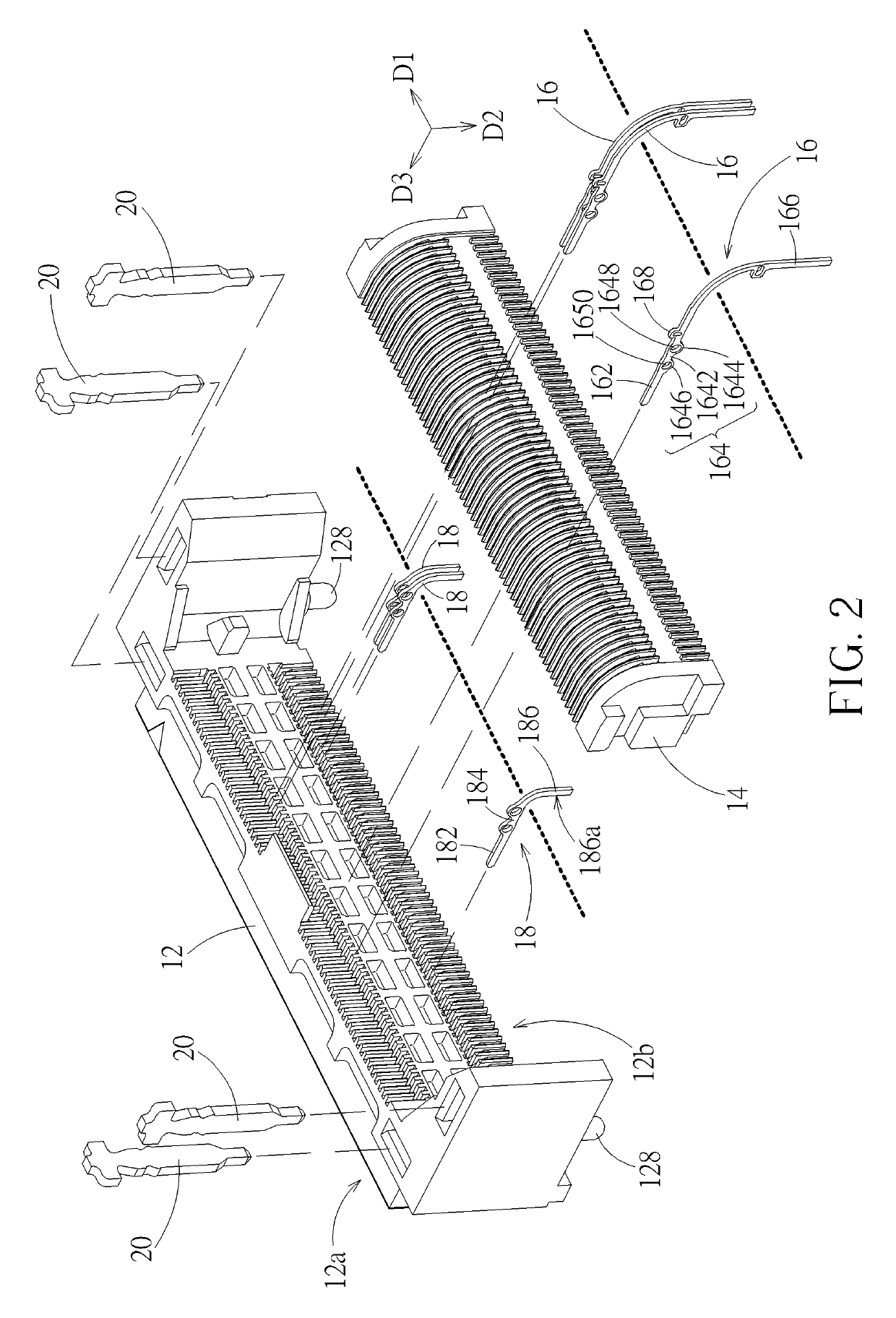 Electrical connector with internal terminals having opposite sides located from connector internal sidewalls