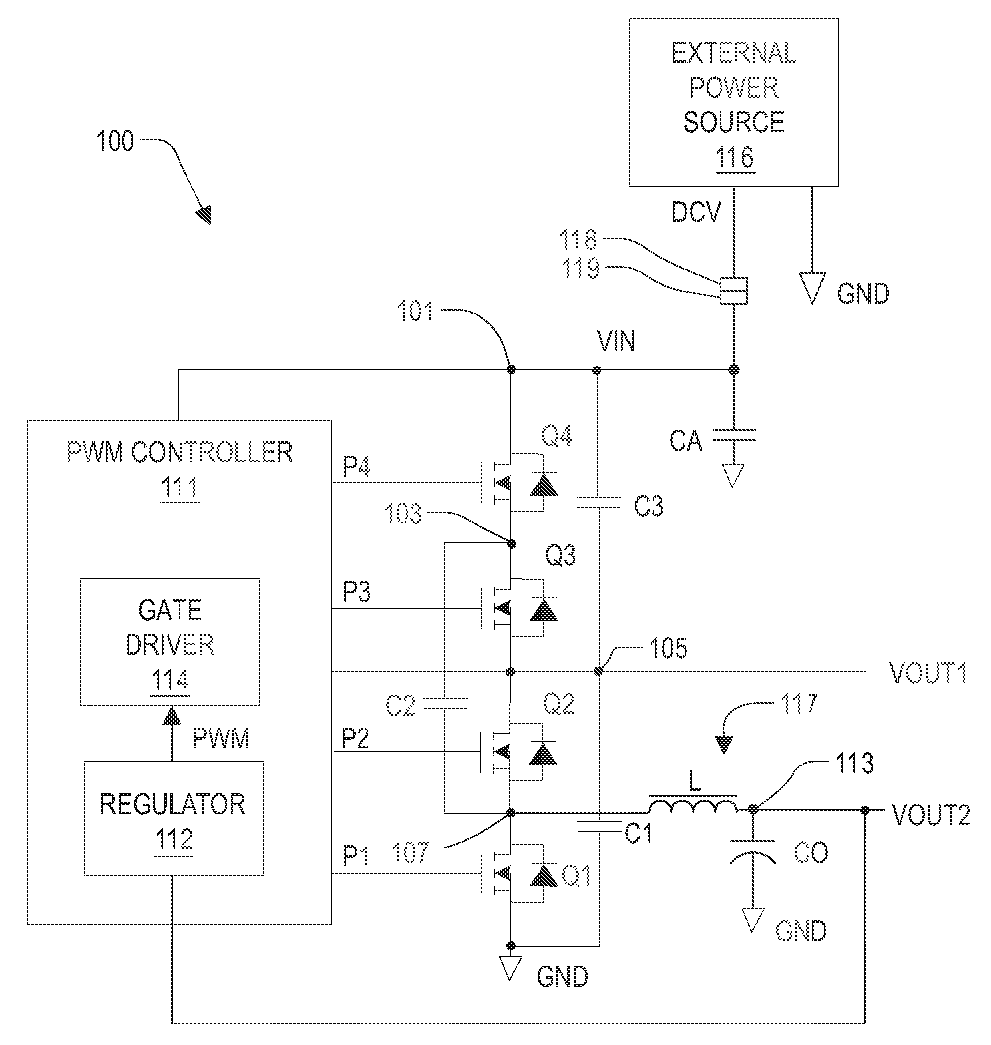 Voltage converter with combined buck converter and capacitive voltage divider