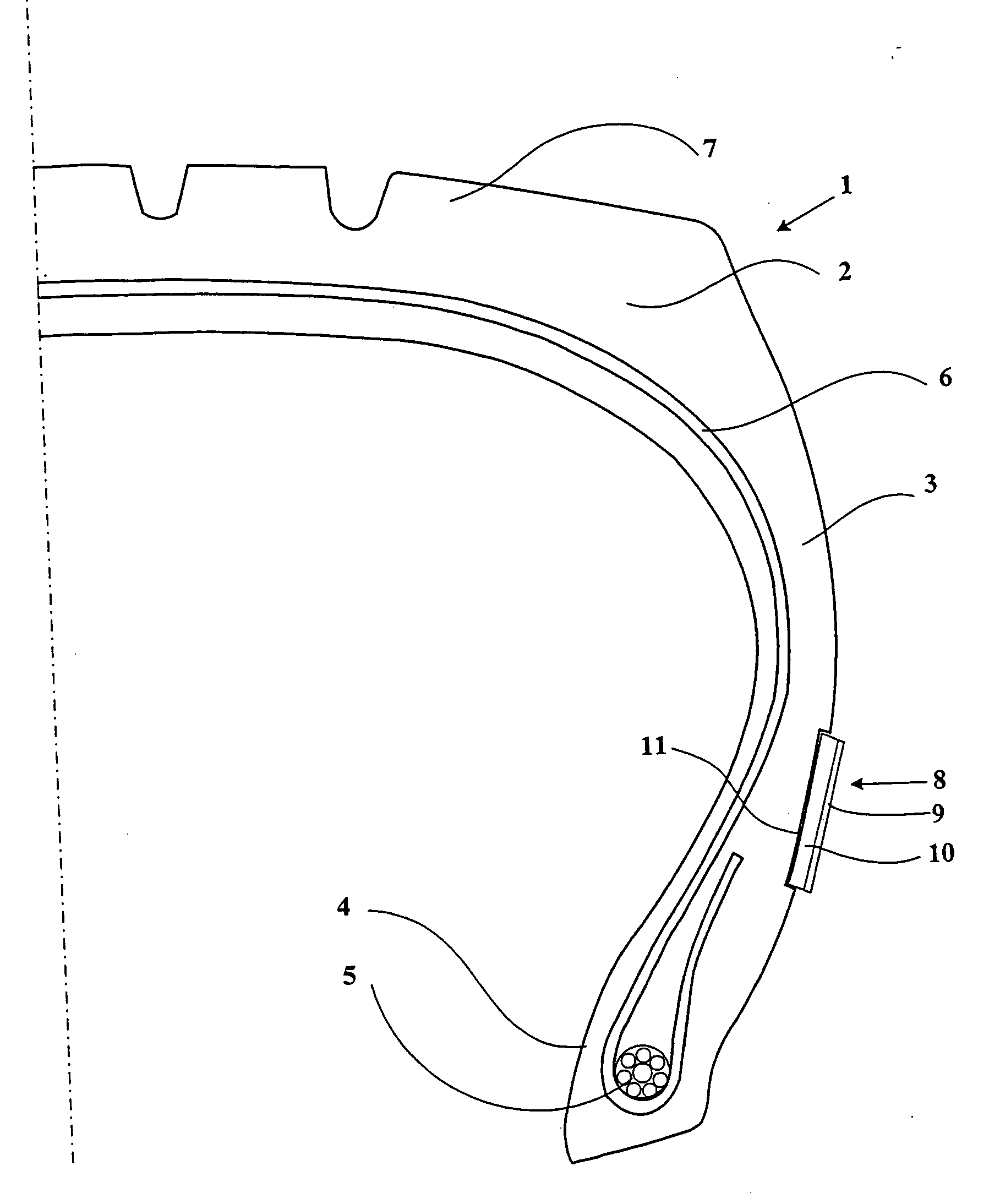 Tire having an element or covering attached to a surface thereof