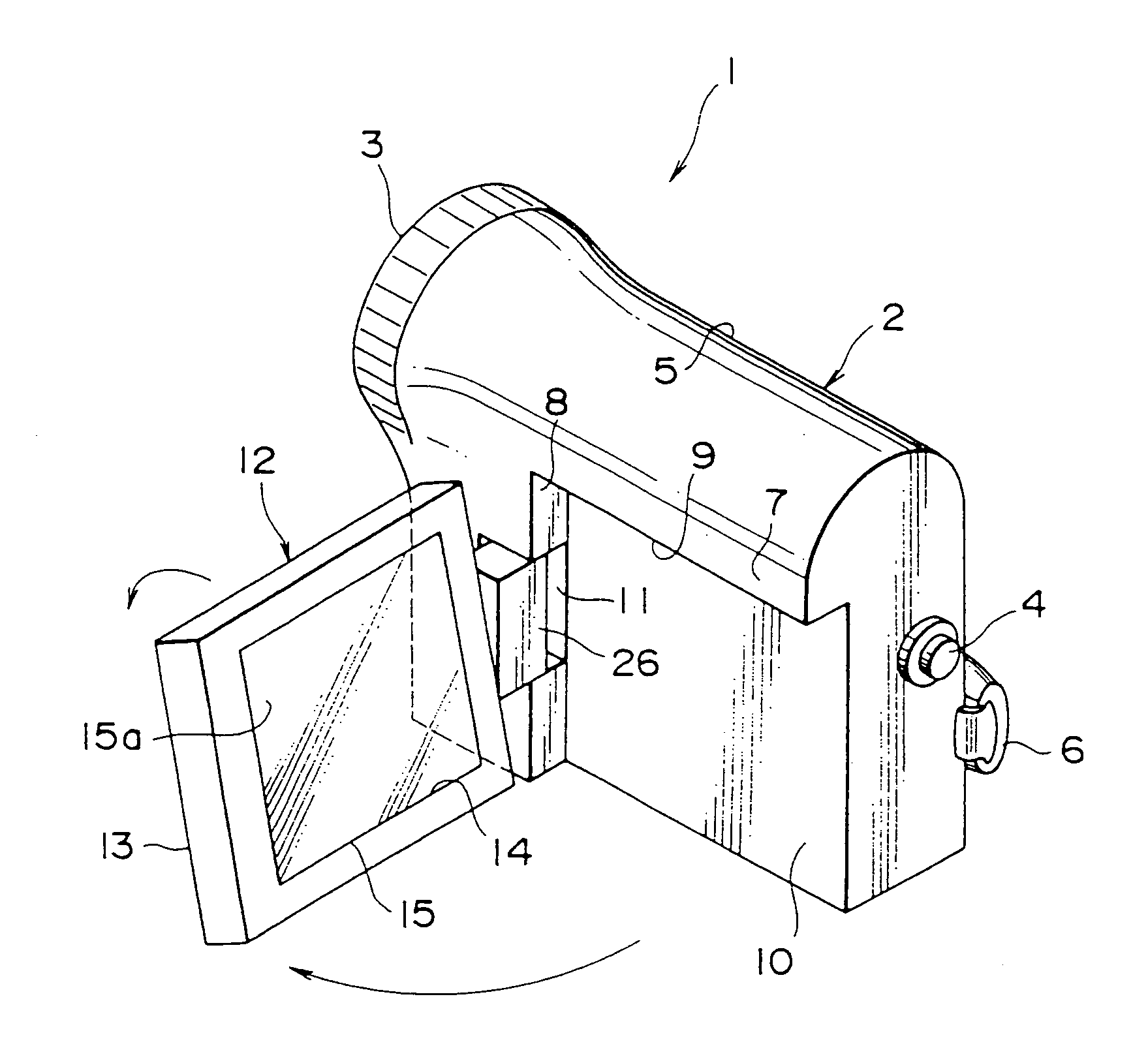 Video camera with stowable monitor having display facing inwardly or outwardly