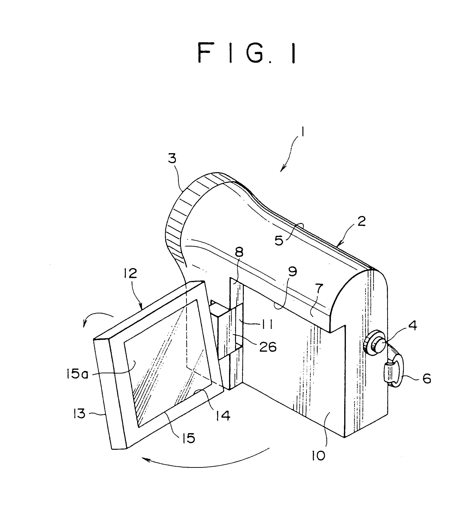 Video camera with stowable monitor having display facing inwardly or outwardly