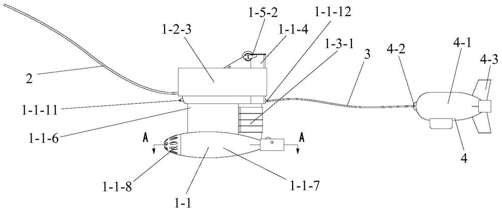 A two-body underwater towing device with hydraulic forced sinking attitude stability