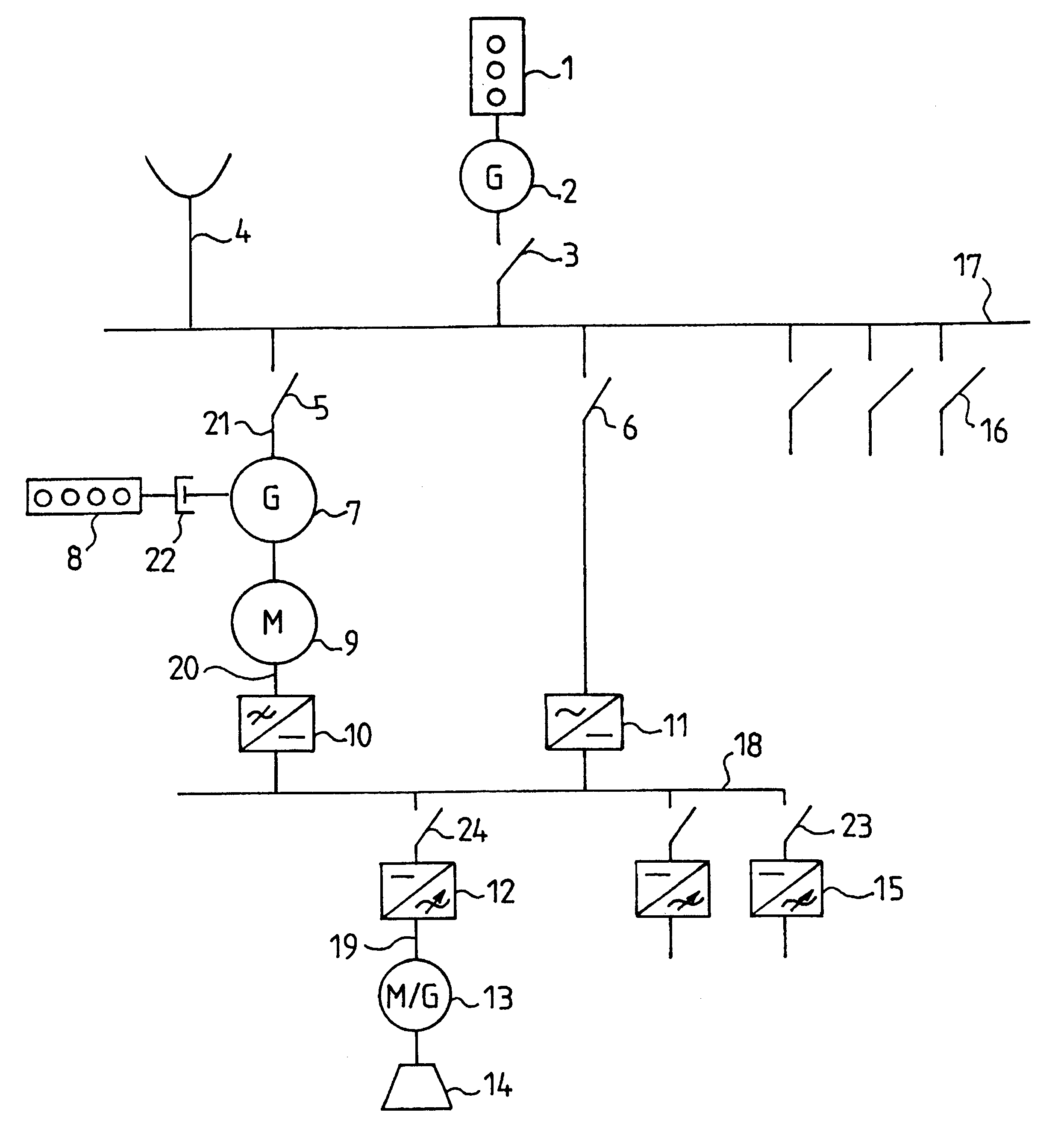 Isolated electrical system including asynchronous machine with prime mover and inverter/rectifier
