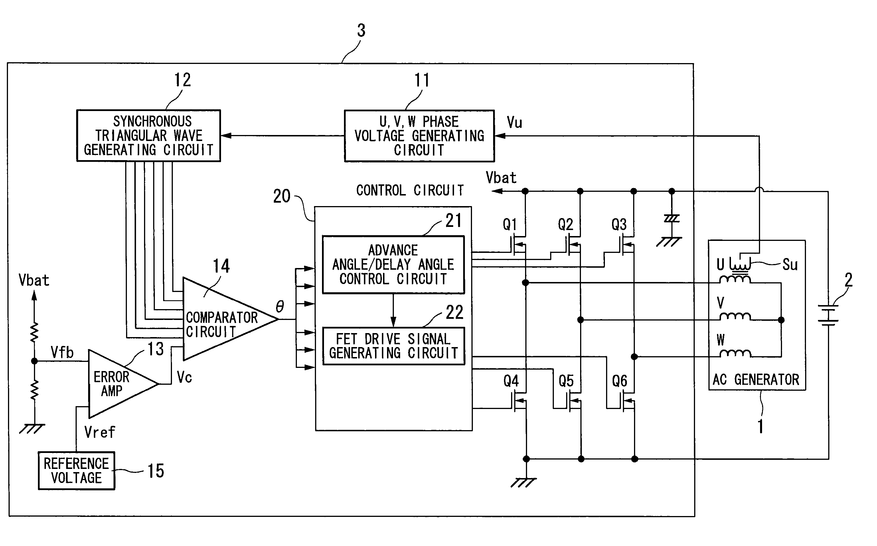 Battery charging device, three-phase voltage generating circuit, three-phase voltage generation method and delay angle control method