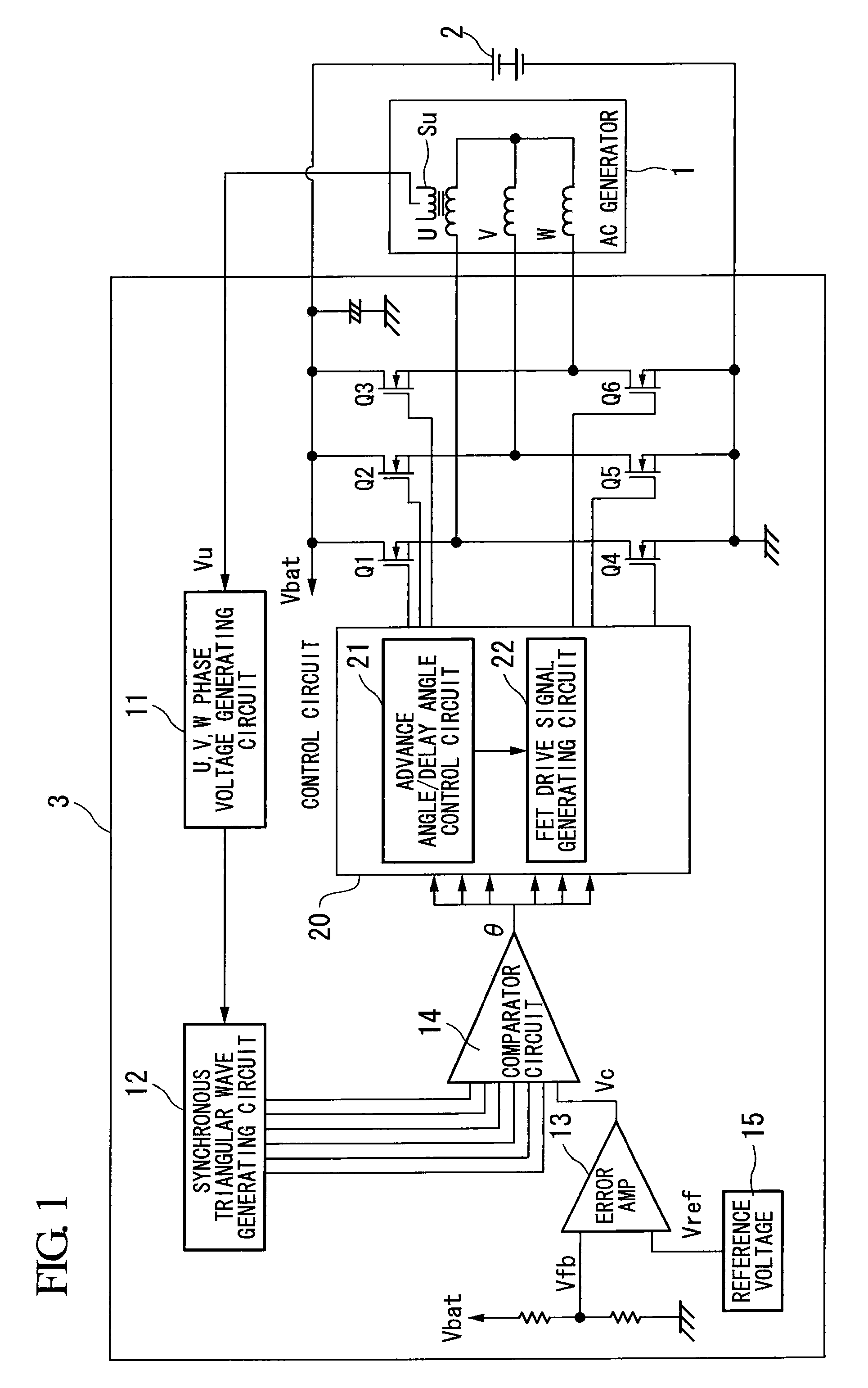 Battery charging device, three-phase voltage generating circuit, three-phase voltage generation method and delay angle control method