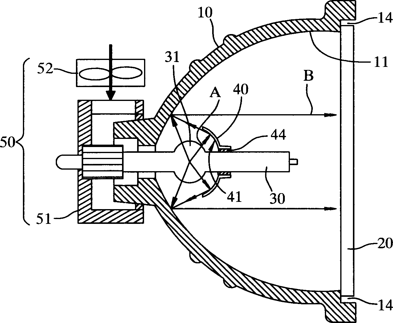 High-voltage gas discharge lamp with assistant reflection device
