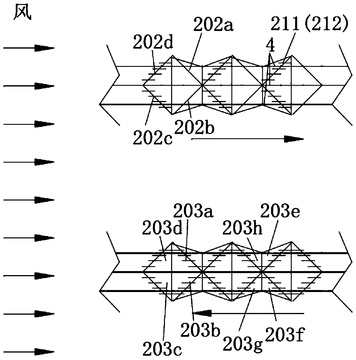 Track bearing compound blade reciprocating operation multi-unit power generation windmill and direction adjustment method