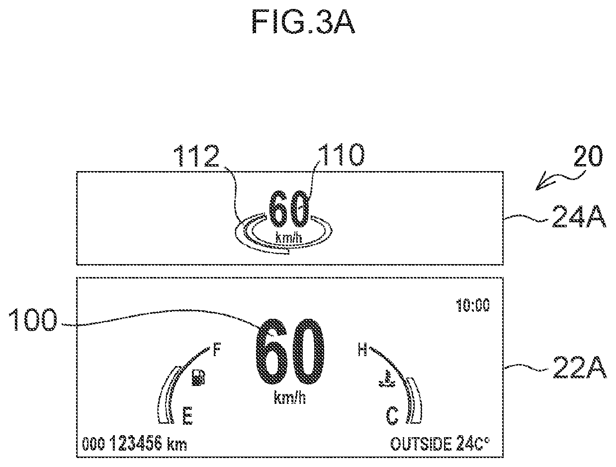 Display device for a vehicle having migration of image display