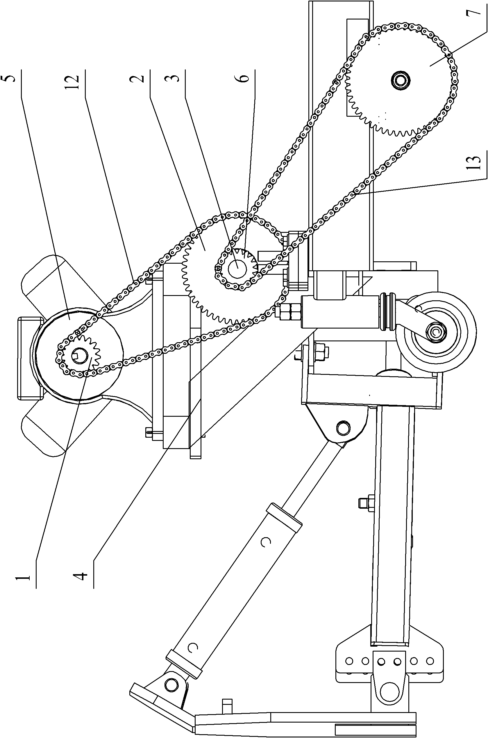 Inverted tooth chain output transmission device for snow caster