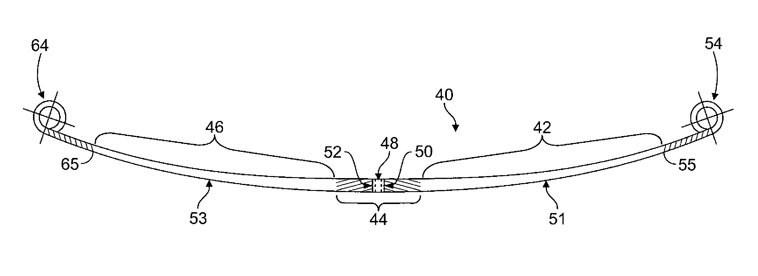 Leaf spring and method of manufacture thereof having sections with different levels of through hardness