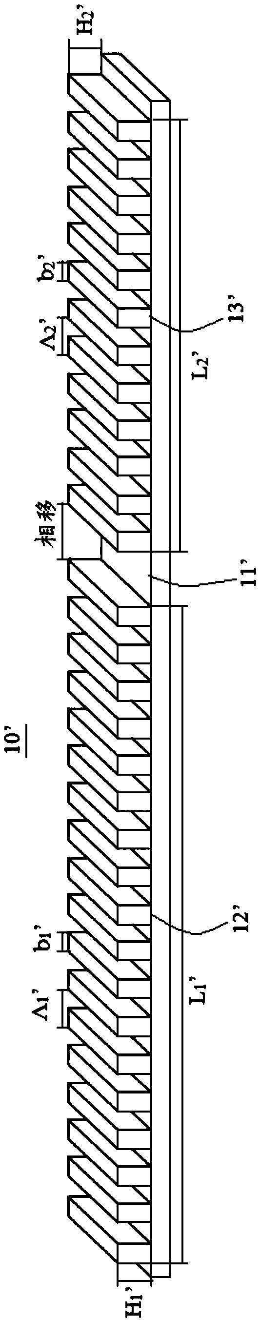 Asymmetrically-structured phase-shifting grating and DFB (distributed feedback) semiconductor laser