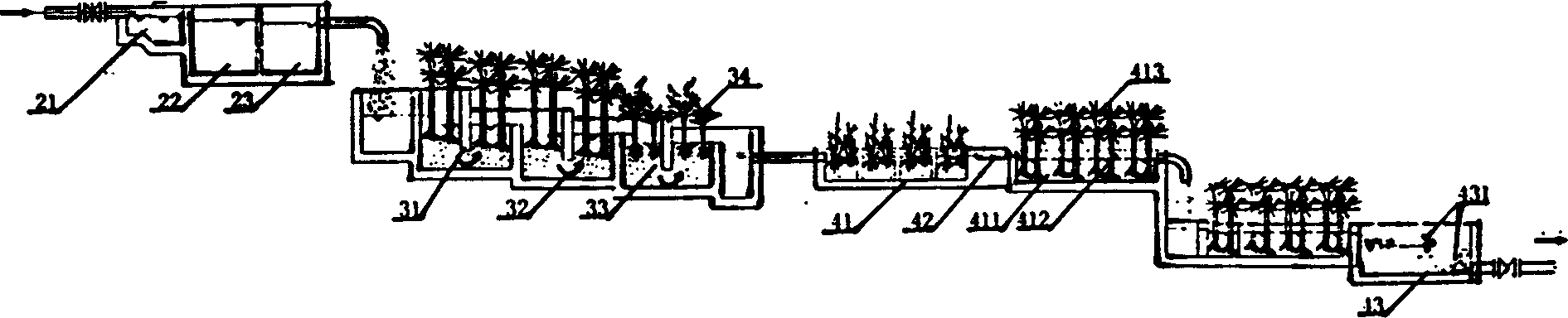 System and process for sawage treating with baffling wet land filtering tank and rateral underflow wet land bed